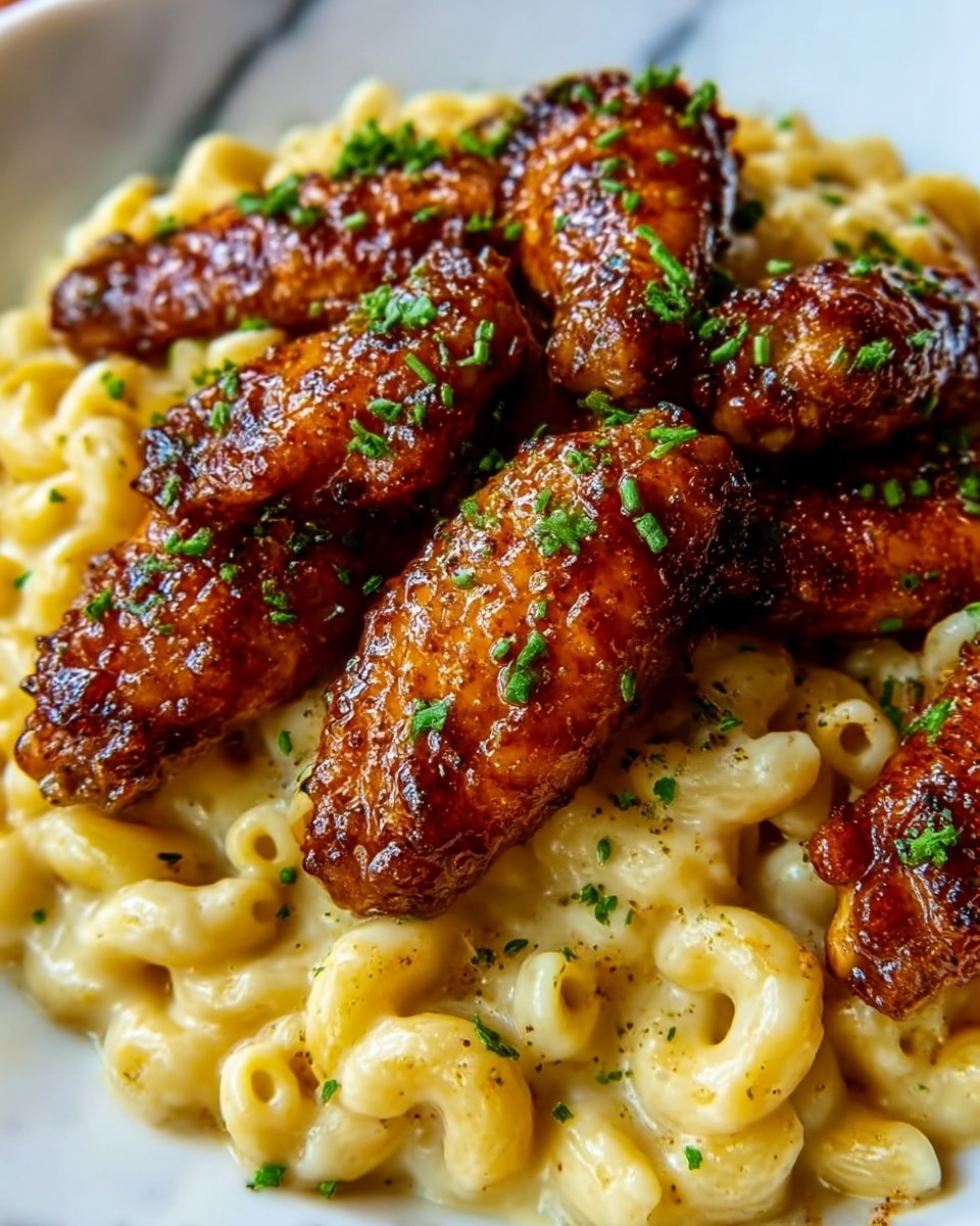 The image shows a close-up of a white plate with two layers: the bottom layer is creamy macaroni and cheese with smooth, golden-yellow pasta shells covered in melted cheese; the top layer is crispy chicken wings with a shiny, dark brown glaze sprinkled with small green chopped herbs. The chicken wings are arranged closely on top of the macaroni, creating a contrast between the creamy pasta and the sticky, textured wings. The dish looks warm and inviting, resting on a white marbled surface. Photo taken with an iphone --ar 4:5 --v 7
