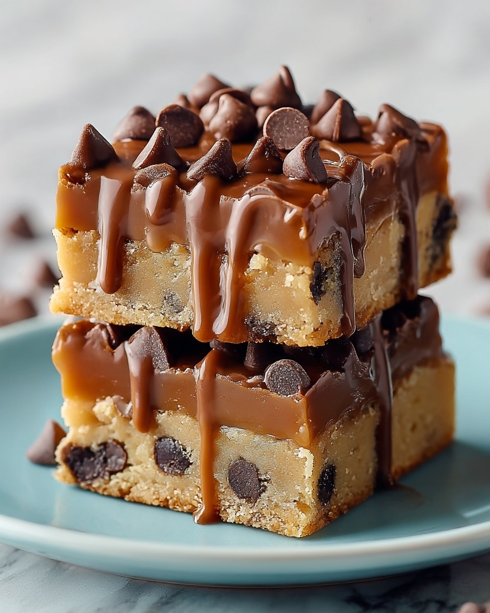 Two square dessert bars are stacked on a white plate with a soft blue tint. Each bar has three distinct layers: the bottom layer is a light golden brown cookie dough filled with dark chocolate chips, the middle layer is a smooth, thick caramel with a shiny surface, and the top layer is covered with rich, melted chocolate chips that drip slightly down the sides. The top layer has a mix of whole and partially melted chocolate chips, giving it a textured look. The setting has a soft focus on a white marbled surface. photo taken with an iphone --ar 4:5 --v 7