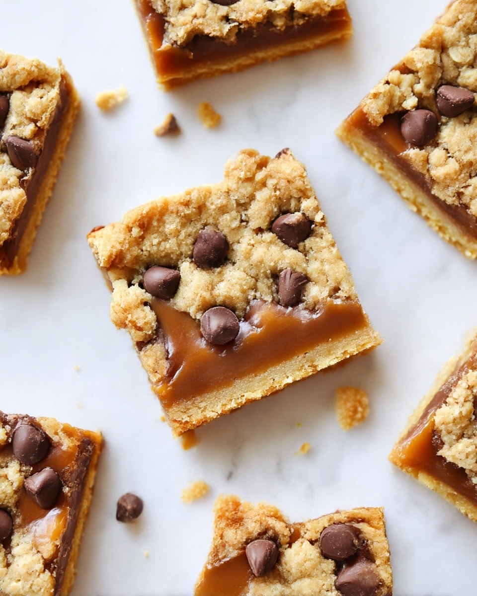 The image shows square dessert bars arranged on a white marbled surface. Each bar has three visible layers: the bottom layer is a golden-brown cookie crust that looks soft and crunchy, the middle layer is a smooth, glossy caramel with scattered melted chocolate chips adding a mix of dark brown tones, and the top layer is a rough, crumbly oat-like crust in a light tan color that sits unevenly over the caramel and chocolate, creating a textured, rustic look. Small crumbs are scattered around the bars, emphasizing their crumbly texture. photo taken with an iphone --ar 4:5 --v 7