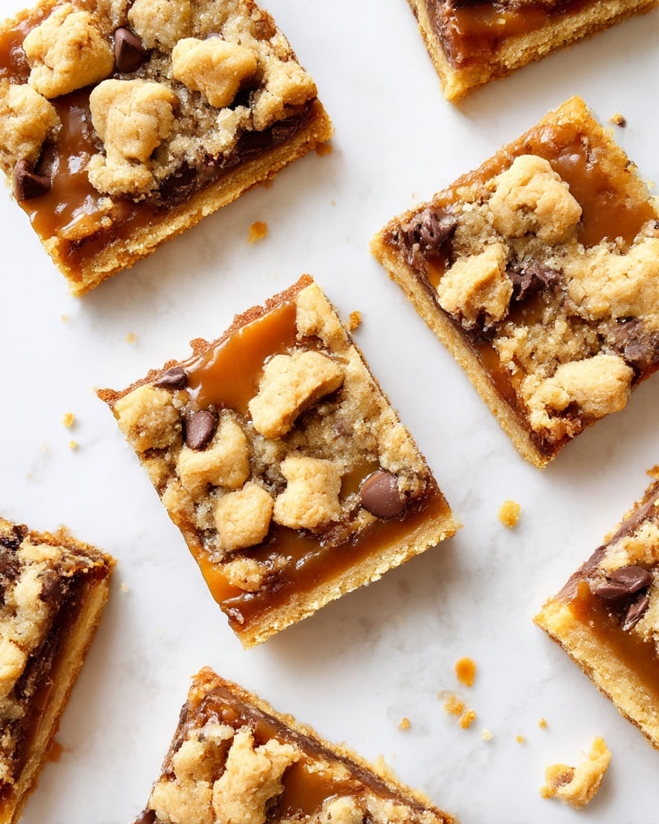 The image shows several square dessert bars arranged loosely on a white marbled surface. Each bar has three visible layers: a bottom crust that is golden brown and slightly crumbly, a middle layer of gooey caramel mixed with melted chocolate chips that peek through, and a top layer of uneven, light golden cookie dough chunks scattered across. The caramel layer has a shiny, sticky texture and some caramel is slightly oozing from the edges. Small crumbs are scattered around the bars on the surface. Photo taken with an iphone --ar 4:5 --v 7