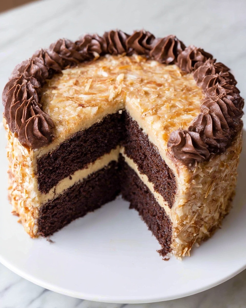 A two-layer chocolate cake is shown on a white plate with a slice removed to reveal the inside. The bottom and top layers are dark brown and look moist and soft. Between the cake layers is a thin light brown creamy filling. The top of the cake is covered with a textured layer of light tan topping that looks like a mix of coconut and nuts. Around the edge of the top, there is a border of thick chocolate cream piped in swirls. The plate sits on a white marbled surface. photo taken with an iphone --ar 4:5 --v 7