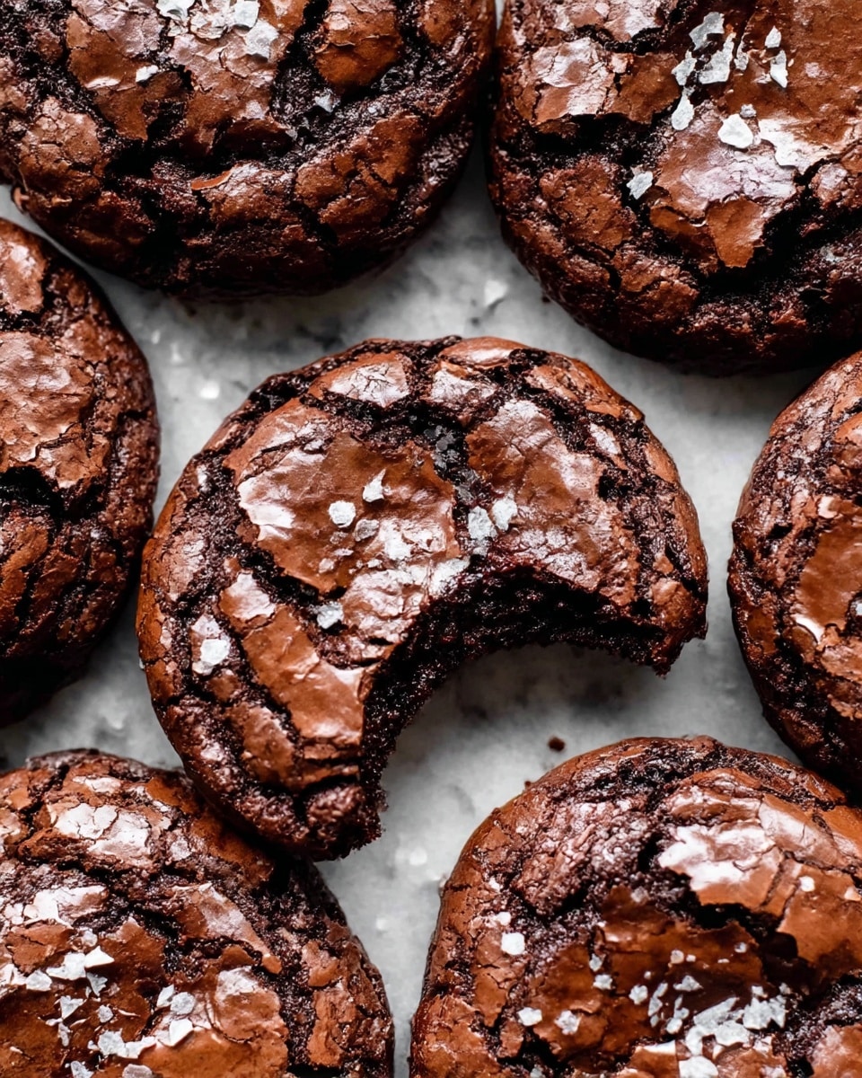 The image shows a close-up view of six thick chocolate cookies with deep cracks on their shiny, slightly crinkled surface. Each cookie has a dark brown color indicating rich chocolate inside and outside. The cookies are sprinkled with flaky white sea salt on top, adding texture and contrast to the deep chocolate color. One cookie in the center has a bite taken out of it, revealing its soft, fudgy inside with a moist texture that looks almost molten. The cookies are placed close together on a white marbled surface that softly contrasts with the dark treats. photo taken with an iphone --ar 4:5 --v 7