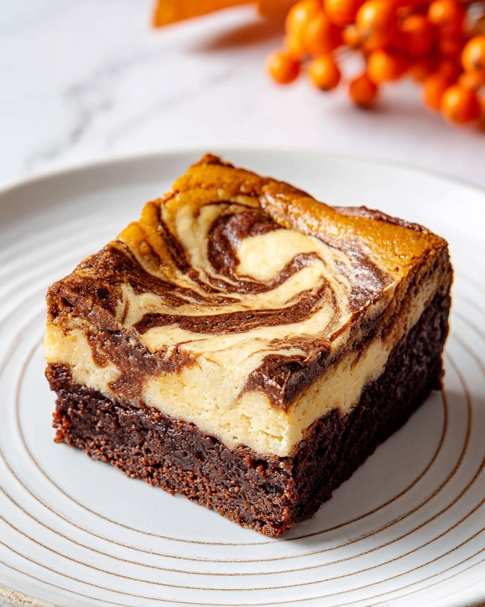 A single square piece of dessert with two distinct layers sits on a white plate with subtle circular patterns; the bottom layer is a rich dark brown, dense and textured like chocolate brownie, while the top layer is creamy beige with dark brown swirls creating a marbled effect that looks smooth and slightly glossy; on the upper edge, the top layer rises slightly with a golden-brown crust that adds a slightly crispy texture, and the whole piece has a moist and fudgy appearance; the background is a white marbled texture with a few blurred orange berries in the corner, giving a warm autumn feel. photo taken with an iphone --ar 4:5 --v 7