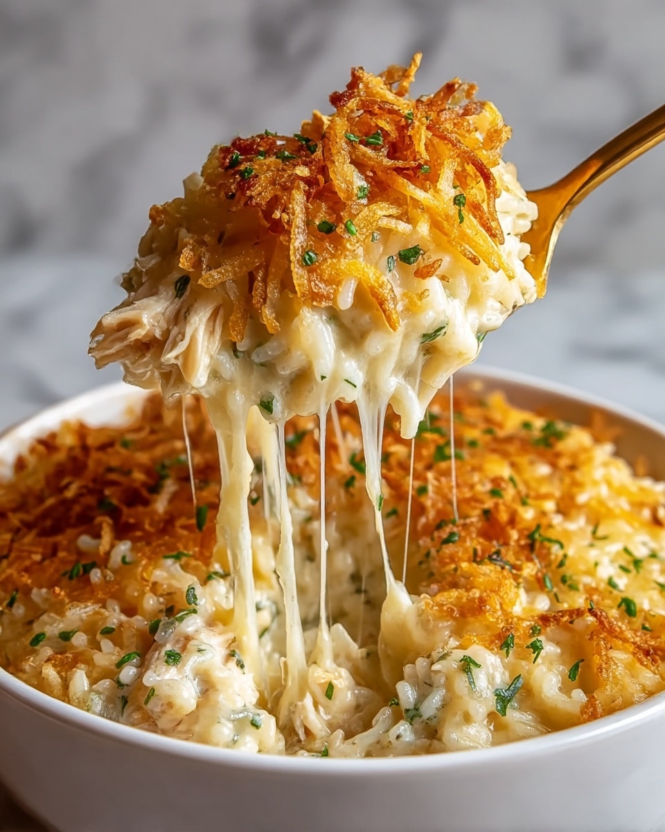 A close-up view of a baked rice dish in a white bowl, showing three main layers: the bottom creamy rice mixed with shredded chicken and herbs in white and light green colors, a middle layer with melted, gooey cheese stretching as a golden spoon lifts a portion, and a top layer of crispy, golden-brown fried onions scattered evenly with small pieces of green herbs sprinkled over them. The background features a white marbled texture. photo taken with an iphone --ar 4:5 --v 7