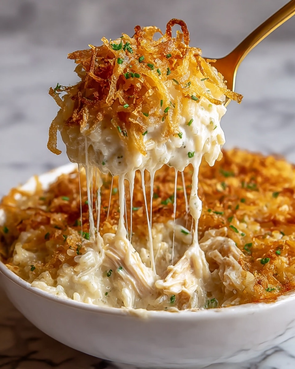 The dish is a close-up of a creamy, cheesy rice casserole in a white bowl, showing one scoop being lifted with a gold spoon. The top layer is golden brown and crispy fried onions with a rough texture sprinkled with small green herbs. Underneath is a layer of thick, creamy white sauce mixed with soft shredded chicken and rice grains that look tender and moist. Strings of melted cheese stretch from the bowl to the spoon, adding gooey texture. The background is a white marbled surface. photo taken with an iphone --ar 4:5 --v 7