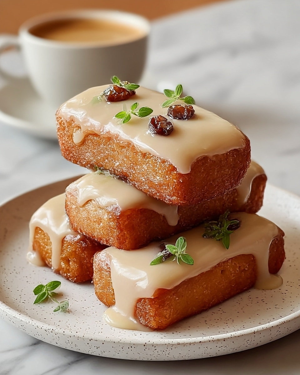 Three rectangular, golden-brown pastries are stacked on a white plate with a subtle speckled pattern. Each pastry is topped with a smooth, creamy beige glaze that drips down the edges. Small green herb leaves and dark brown small berries or nuts are placed on top of the glaze for decoration. In the background, there is a soft-focus white cup with a handle filled with coffee, set on a white marbled surface. photo taken with an iphone --ar 4:5 --v 7