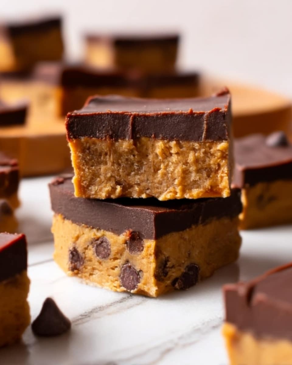 The image shows a close-up of layered dessert squares on a white marbled surface. Each square has three layers: the bottom layer is a thick, moist, golden-brown peanut butter base with visible chocolate chips, the middle layer is smooth, dark chocolate that covers the peanut butter, and the top layer is a slightly thicker, shiny chocolate ganache with a darker tone. One square is stacked on top of another, showing the texture and thickness of each layer clearly. The background is softly blurred, keeping focus on the dessert. Photo taken with an iphone --ar 4:5 --v 7