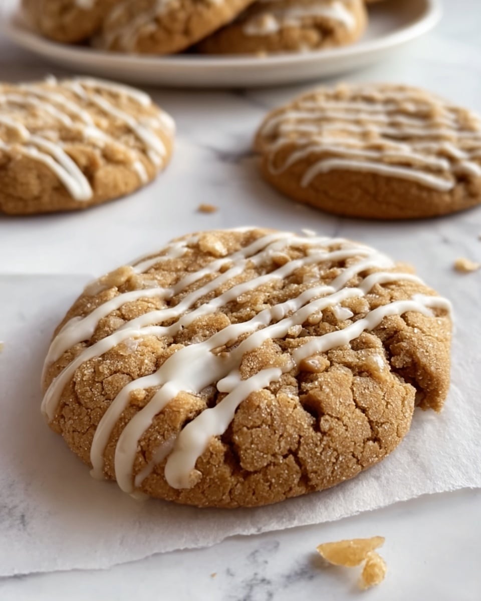 The image shows a close-up of soft, round cookies with a golden-brown color and a slightly cracked surface, each topped with thin white icing drizzles in a zigzag pattern. The cookies are placed on white paper on a surface with a white marbled texture, and in the background, there is a white plate holding more cookies. The focus is on the front cookie, which has a rough texture with visible chunks inside, suggesting a chewy bite. photo taken with an iphone --ar 4:5 --v 7