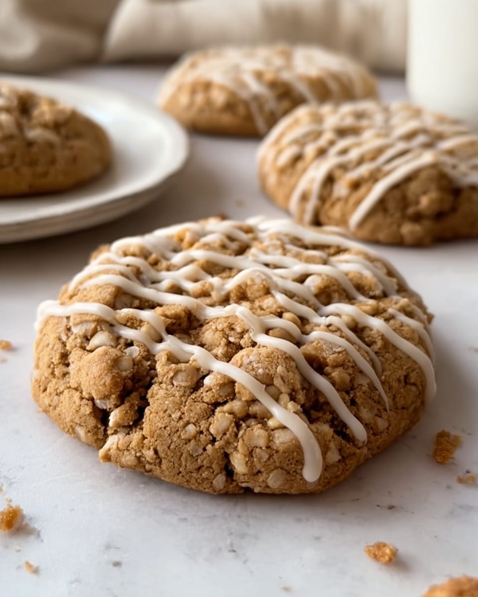 The image shows a close-up of soft, chunky cookie with a rough texture, light brown color with small bits inside. The cookie is drizzled with thin lines of white icing on top. Behind it, there are more similar cookies slightly out of focus, all on a white marbled surface. A white plate with more cookies is partly visible in the background on the left side. The scene has a warm, cozy feel with natural light highlighting the details of the cookies. photo taken with an iphone --ar 4:5 --v 7