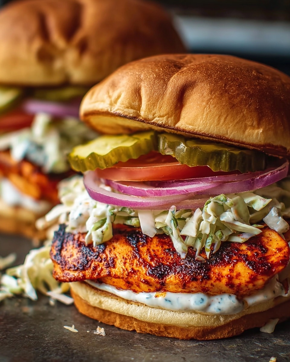 A close-up view of a spicy grilled chicken sandwich showing a thick golden brown toasted bun on top. Beneath the top bun, there is a layer of thinly sliced green pickles, red onion rings, and a bright red tomato slice. Below these, there is a generous heap of creamy coleslaw with white and green cabbage mixed in. The main layer is a large, charred, and seasoned grilled chicken breast with a reddish-orange color, sitting on a thick spread of white mayo sauce on the bottom toasted bun. The sandwich is shown on a dark surface with another sandwich blurred in the background. Photo taken with an iphone --ar 4:5 --v 7