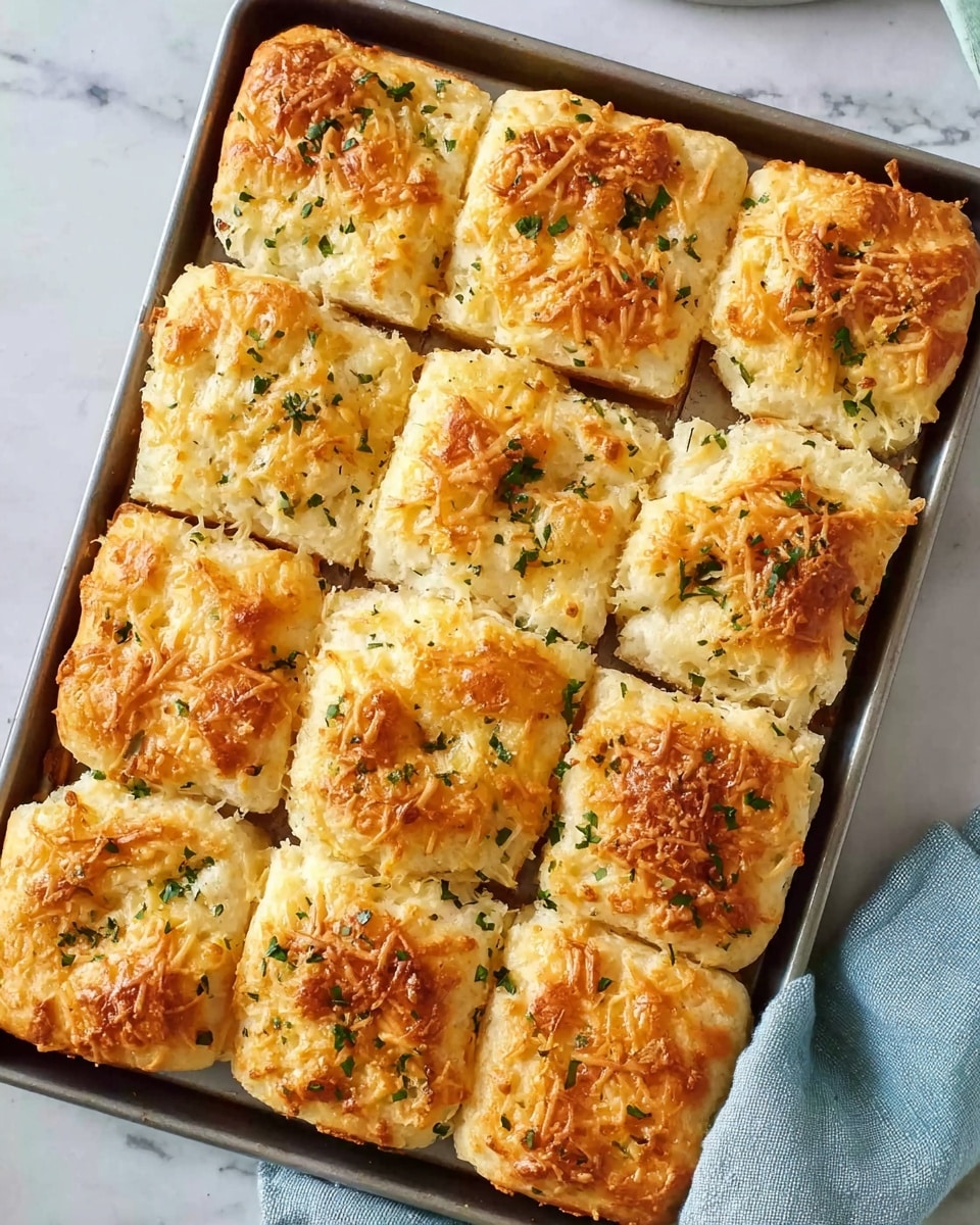 The image shows a metal baking tray filled with twelve square pieces of golden baked bread. Each square has a crispy, lightly browned top layer sprinkled with melted cheese and small bits of green herbs. The bread looks soft and fluffy underneath, with a slightly uneven texture on the surface showing its baked nature. The tray rests on a white marbled surface with a light blue towel partly visible on the right side. photo taken with an iphone --ar 4:5 --v 7