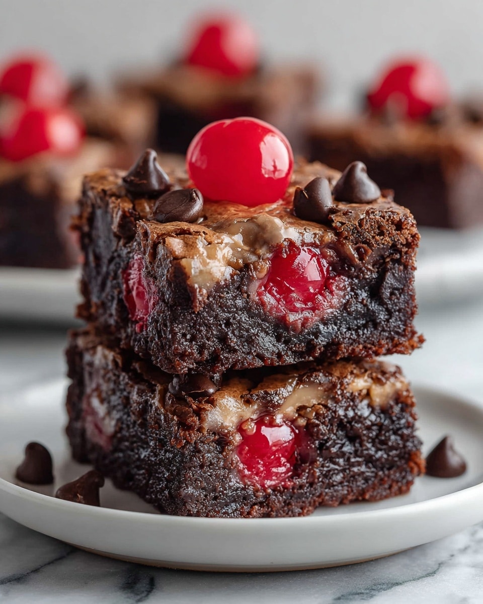Two stacked square brownie pieces sit on a white plate on a white marbled surface. Each piece has three clear layers: the bottom dark brown layer is dense and fudgy brownie, the middle layer contains bright red cherries embedded in a lighter brown, chewy texture, and the top layer is a glossy mix of melted chocolate chips with a shiny red cherry placed on top. Small chocolate chips are scattered on the top layer, adding extra texture and richness. In the background, more similar brownie pieces are softly blurred. Photo taken with an iphone --ar 4:5 --v 7