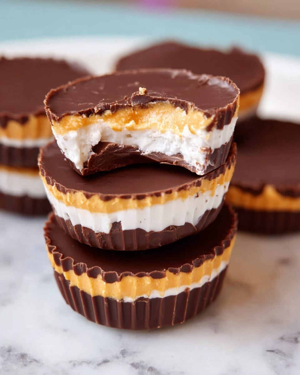 A close-up view of stacked round chocolate treats with three visible layers: a smooth dark brown chocolate top, a thin middle layer of light orange, and a bottom layer of white with a creamy texture. One piece at the top has a bite taken out of it, showing the soft creamy middle oozing slightly. The treats have a ridged edge pattern and are placed on a white marbled surface. Photo taken with an iphone --ar 4:5 --v 7