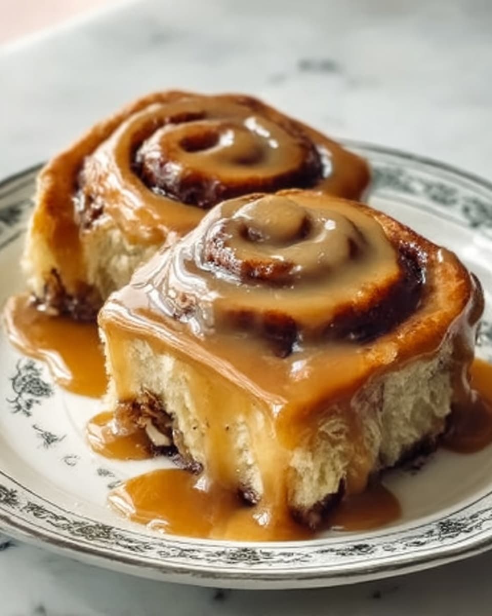 Two cinnamon rolls with a light golden-brown crust sit side by side, topped with thick, creamy caramel sauce that drips down the swirled layers and pools on a white plate with a delicate black pattern. The rolls have a soft, fluffy texture inside with dark cinnamon swirls visible in each spiral. The caramel sauce is glossy and smooth, covering the top completely and flowing over the edges in a rich, warm amber color. The plate is placed on a white marbled surface, giving a clean and bright background. photo taken with an iphone --ar 4:5 --v 7