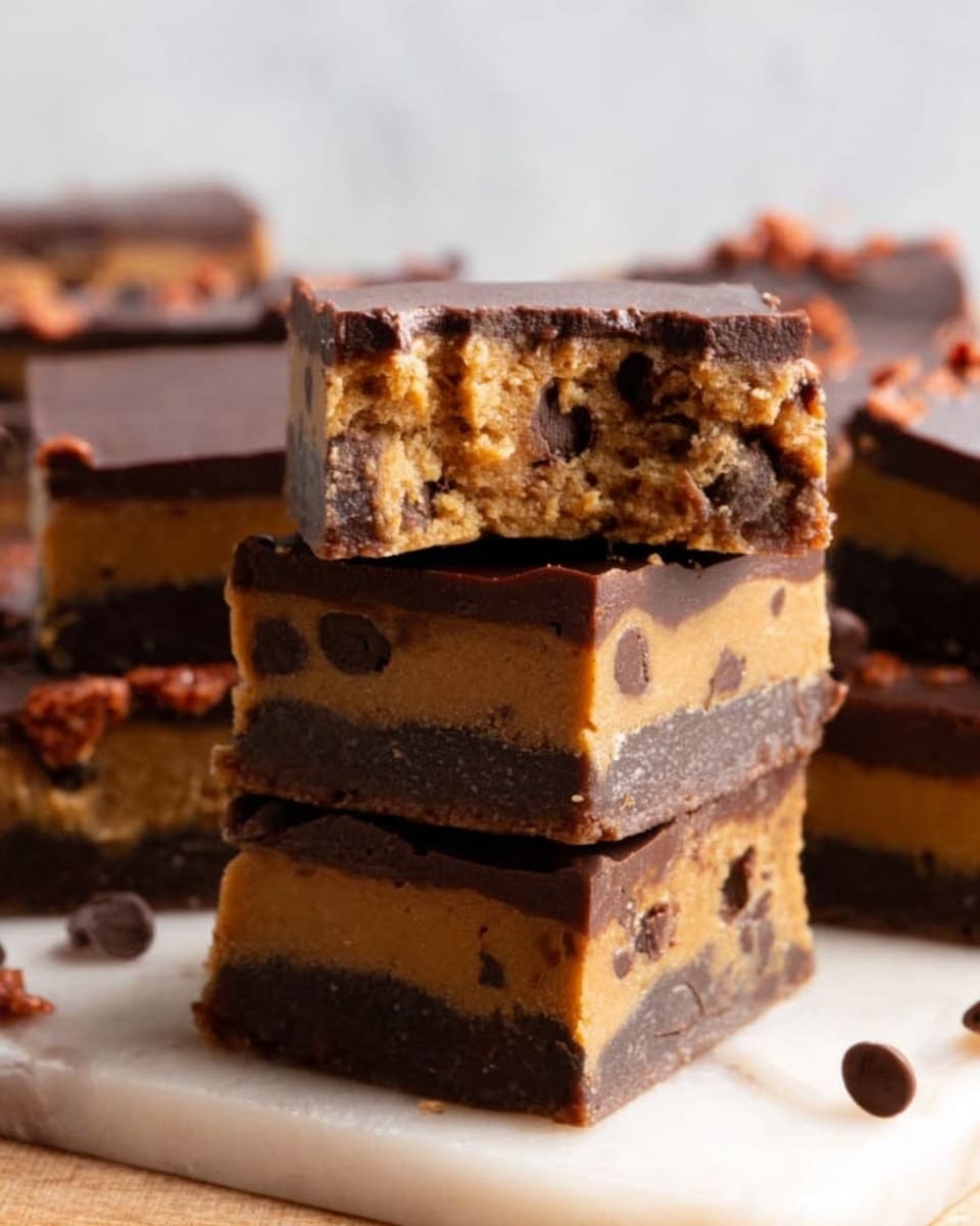 The image shows several thick, square bars stacked on a white marbled surface. Each bar has three visible layers: a dark, smooth chocolate layer on top, a thick, light brown cookie dough layer with chocolate chips in the middle, and a dark brown base at the bottom. One bar is placed on top of another, revealing its chewy cookie texture inside. The overall look is rich and dense with glossy chocolate on top and soft, chunky cookie dough below. Photo taken with an iphone --ar 4:5 --v 7