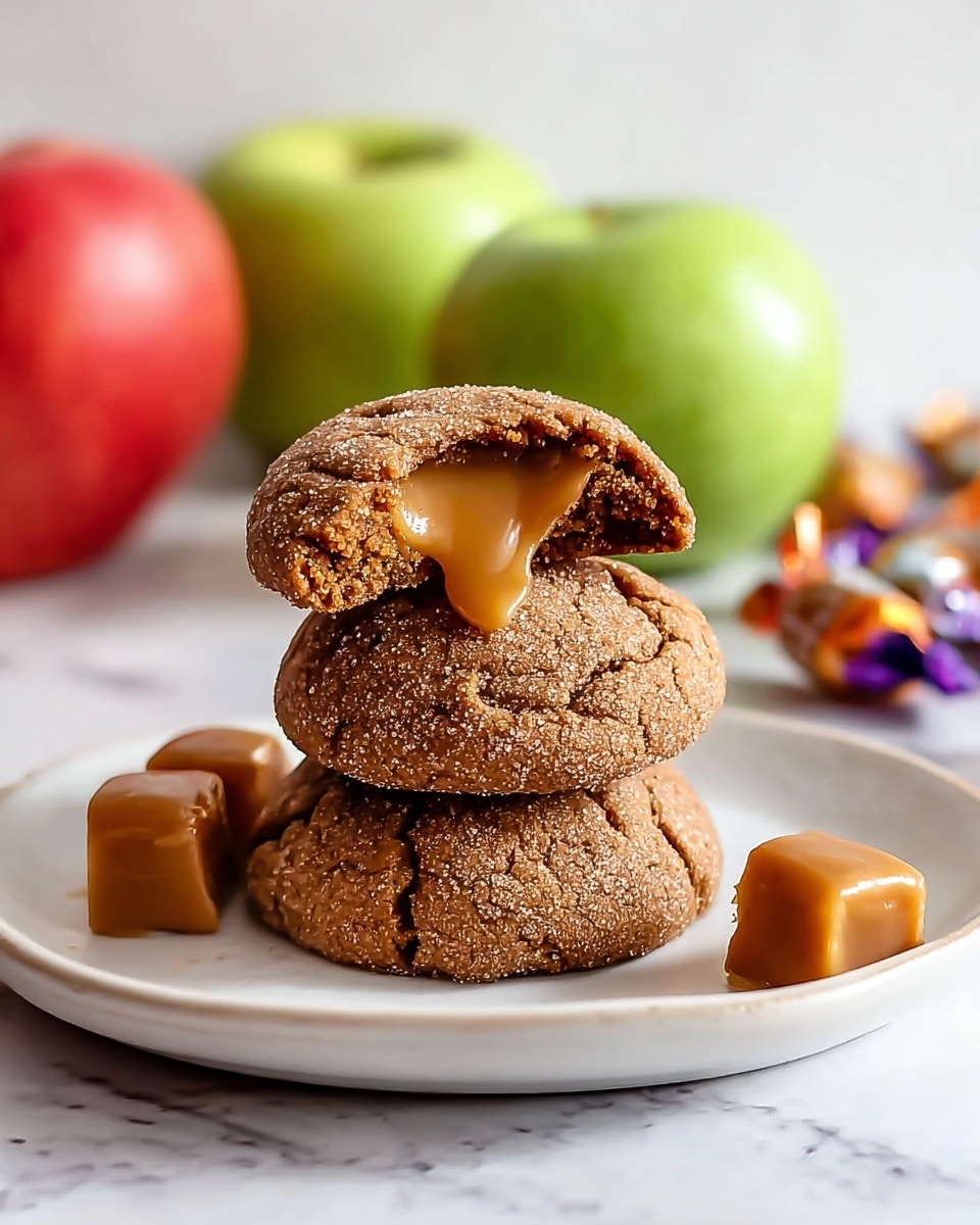 A stack of three brown cookies sits on a white round plate with a cracked sugar-like coating; the top cookie is broken in half revealing gooey caramel inside, dripping slightly. Behind the stack are two more whole cookies. The background holds two apples—one red and one green—and a blurred cluster of wrapped caramel candies. The scene is on a white marbled surface. photo taken with an iphone --ar 4:5 --v 7