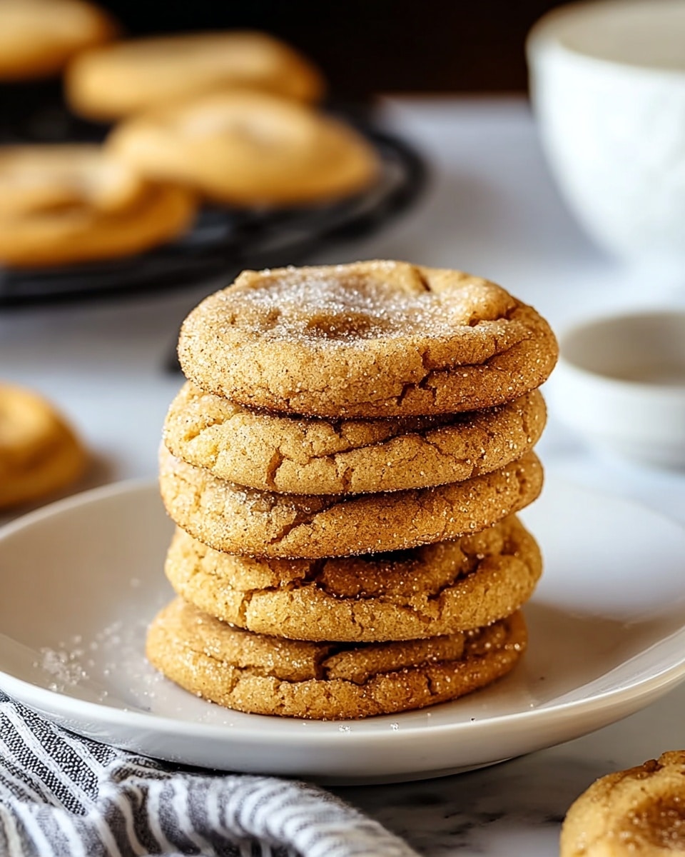 A stack of five soft, brown sugar cookies with a cracked surface texture is centered on a white plate, each cookie sprinkled lightly with granulated sugar that adds a slight sparkle. The cookies show a warm golden-brown color and a chewy, slightly puffy look with edges that are gently rounded. The plate rests on a white marbled texture, with a striped cloth partially visible under the plate on one side. In the softly blurred background, more cookies rest on a dark round cooling rack, along with a white bowl, creating a cozy and inviting scene. Photo taken with an iphone --ar 4:5 --v 7