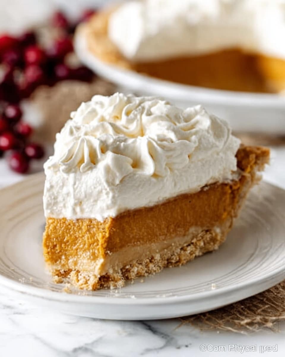 A slice of pie sits on a white plate over a white marbled surface, showing three clear layers: a light golden crust at the bottom that looks crumbly, a thick middle layer of smooth, warm orange pumpkin filling, topped with a thick layer of fluffy white whipped cream with soft swirls. The background is bright with a partially visible pie dish and some blurred red berries nearby. Photo taken with an iphone --ar 4:5 --v 7
