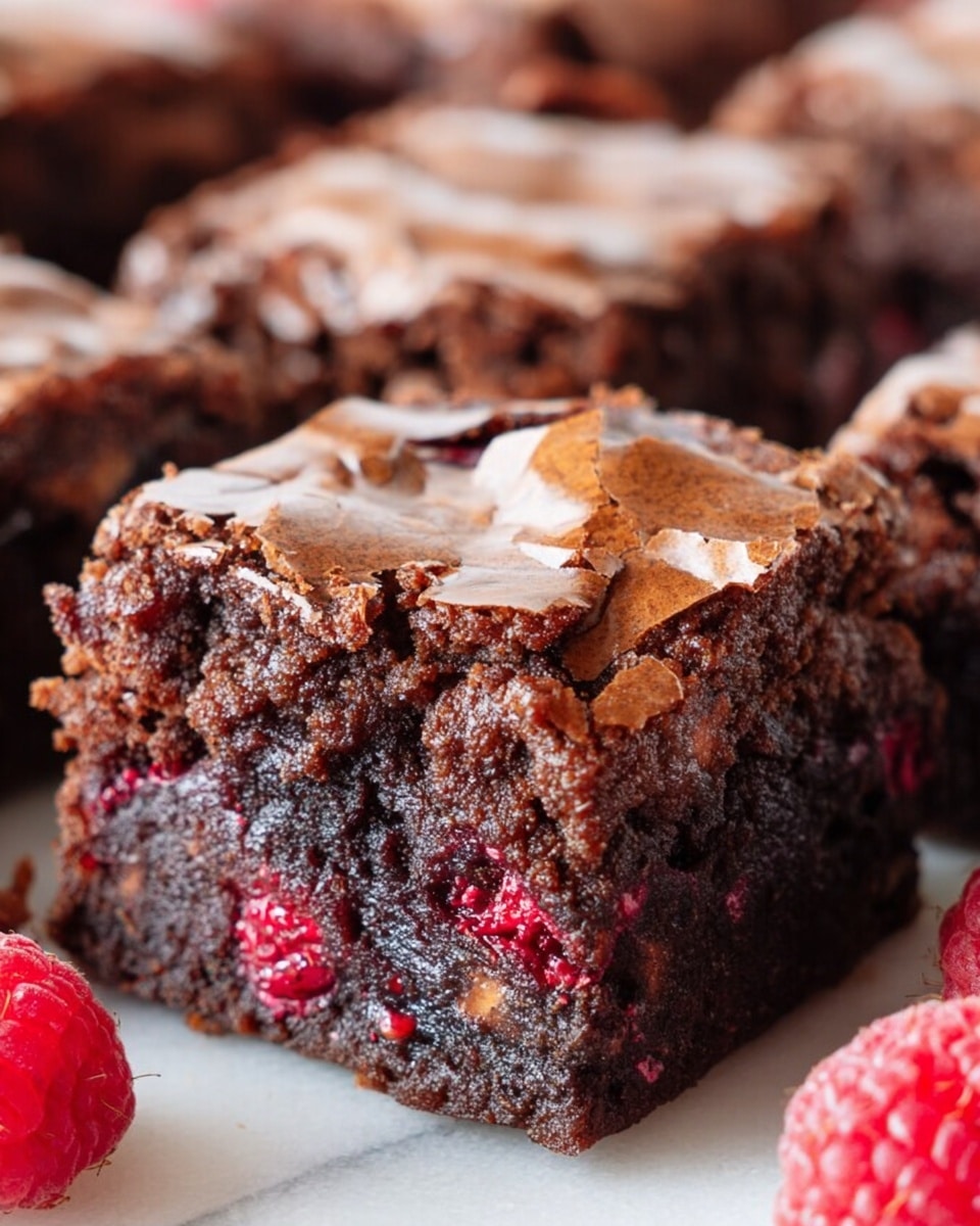 A close-up view of a single thick brownie piece showing three distinct layers: the bottom layer is dense, dark brown and fudgy with a slightly crumbly texture; the middle layer has some bright red raspberry bits embedded, adding a splash of color and moistness; the top layer is a shiny, thin, light brown crust that looks cracked and crisp. The brownie piece is surrounded by other similar pieces blurred in the background, all placed on a white marbled surface. A few whole raspberries with vibrant red color appear near the brownies. Photo taken with an iphone --ar 4:5 --v 7