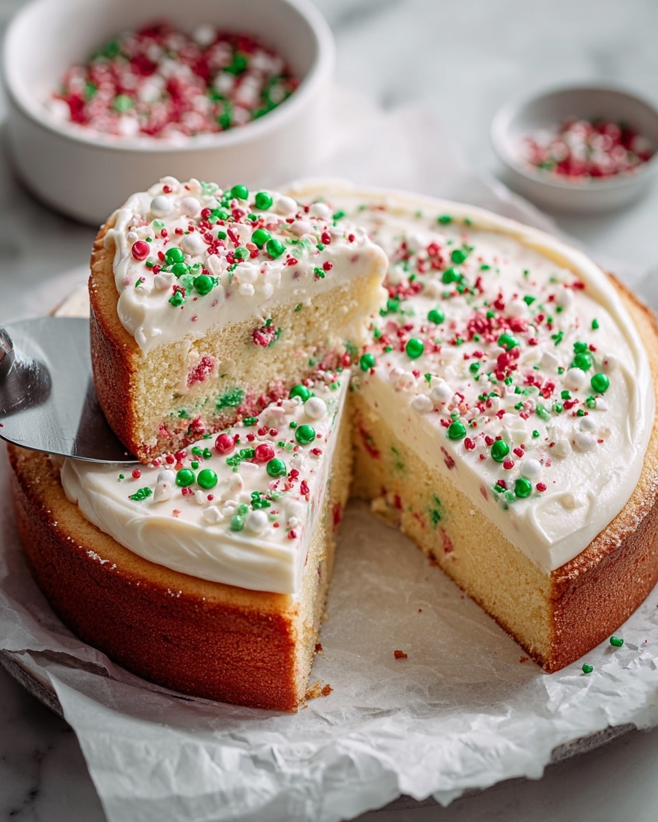 A round cake with two layers is shown on white parchment paper over a white marbled surface. The bottom layer is golden brown and thick, while the top layer is a creamy white frosting with a soft, smooth texture. The frosting is covered with red, green, white, and light pink small round sprinkles scattered evenly on top. One slice has been cut and is being lifted with a silver cake server, revealing the light beige cake inside with colorful bits matching the sprinkles. In the background, a white bowl is filled with more sprinkles. photo taken with an iphone --ar 4:5 --v 7