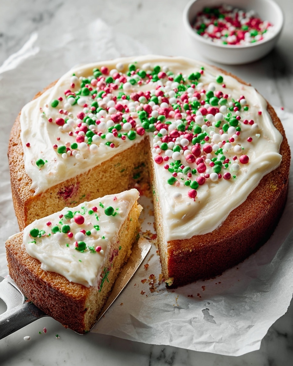 A single-layer round cake with a thick, light golden-brown crust and a creamy white frosting spread evenly on top, decorated with colorful red, green, pink, and white round sprinkles of different sizes scattered over the frosting; a slice has been cut out and is being lifted with a metal spatula, showing the cake's moist inside with bits of colorful sprinkles embedded within the light crumb. The cake sits on white parchment paper on a white marbled surface, with a small white bowl of sprinkles slightly blurred in the background. Photo taken with an iphone --ar 4:5 --v 7