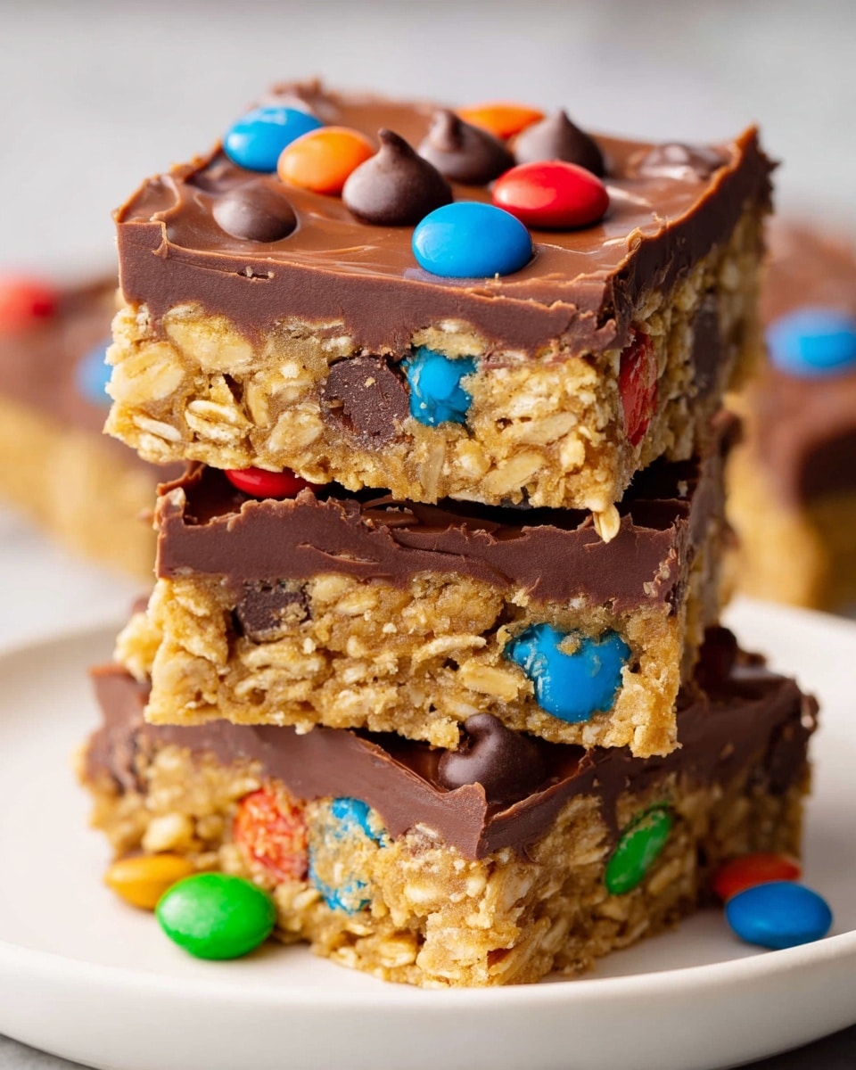 A stack of three layered treats sits on a white plate with a white marbled background. Each square treat has two visible layers: a thick, textured golden oat base mixed with small chocolate pieces and colorful candy-coated chocolates in red, blue, green, and orange, and a smooth, dark brown chocolate top layer. The chocolate layer shows slight ridges and is decorated with whole coffee bean-like chocolates and scattered colorful candy shells. The edges of the top layer are slightly uneven, showing the thickness and richness of the chocolate. photo taken with an iphone --ar 4:5 --v 7