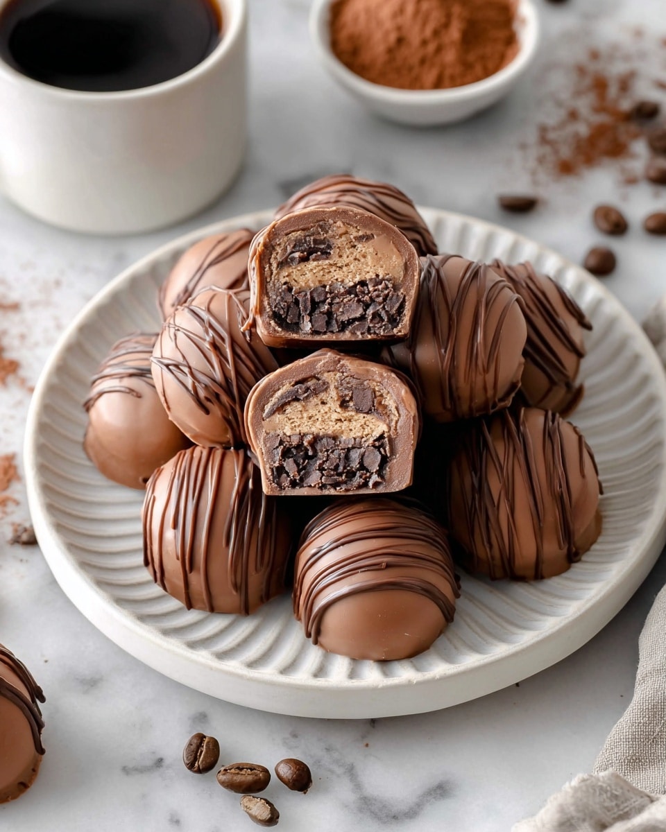 A white plate filled with a pile of smooth, round chocolate truffles, each coated with a shiny milk chocolate layer drizzled with thin, darker chocolate lines. One truffle is cut in half and placed on top, revealing three inner layers: a dark chocolate center, a lighter brown middle layer, and a base layer of milk chocolate. The plate sits on a white marbled surface, scattered with a few coffee beans around it, while small white bowls containing cocoa powder and whole nuts are slightly visible at the edges. photo taken with an iphone --ar 4:5 --v 7