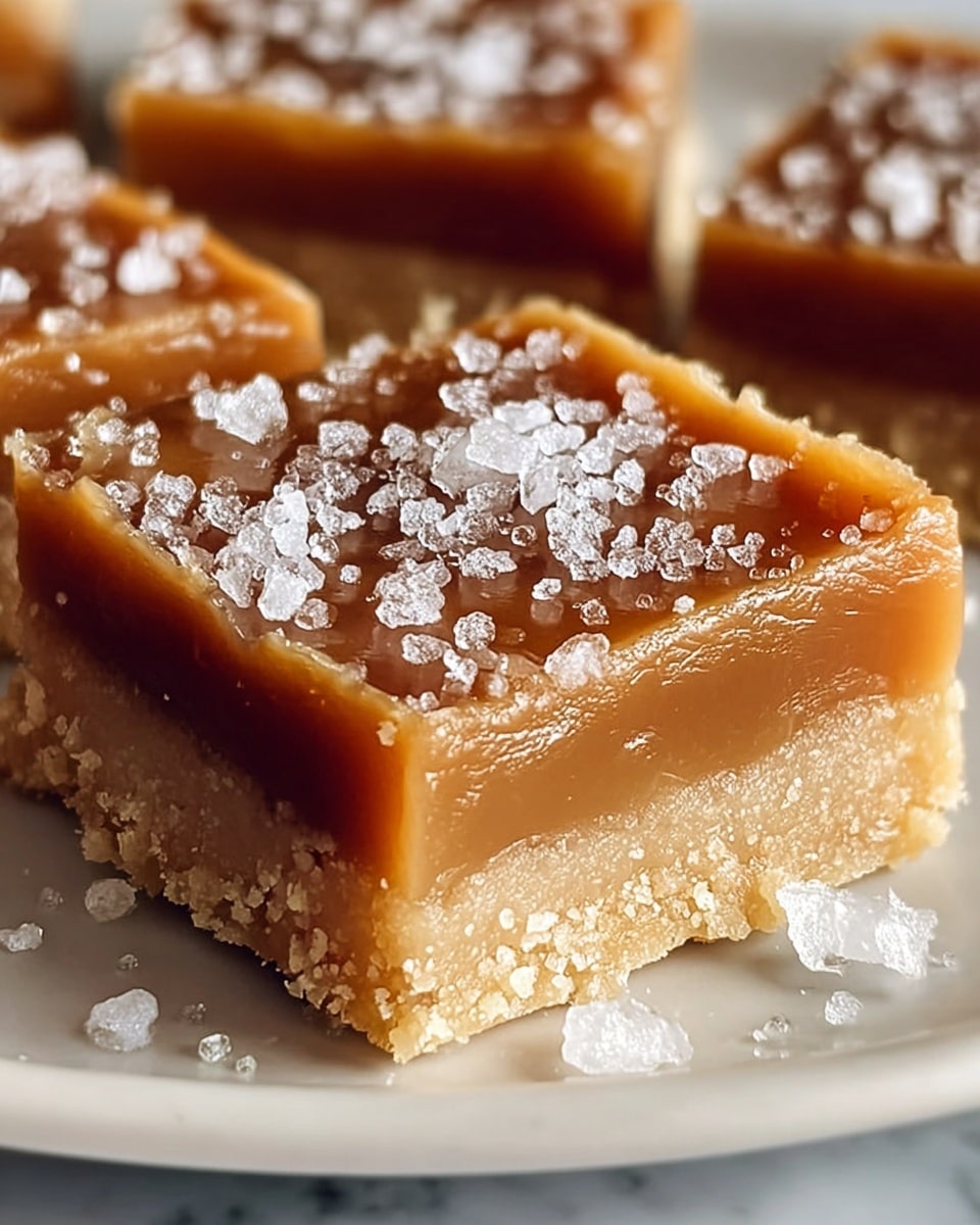 A close-up image of a square dessert bar with three clear layers on a white plate, placed on a white marbled texture. The bottom layer is a crumbly, light beige cookie crust with a rough texture. The middle layer is a thick, smooth, rich caramel in a deep golden brown color, slightly glossy and dense. The top layer is a lighter caramel or toffee shade, creamy and glossy, sprinkled generously with large, coarse crystals of white sea salt, adding texture and contrast. Some salt crystals are scattered around the dessert on the plate. Photo taken with an iphone --ar 4:5 --v 7