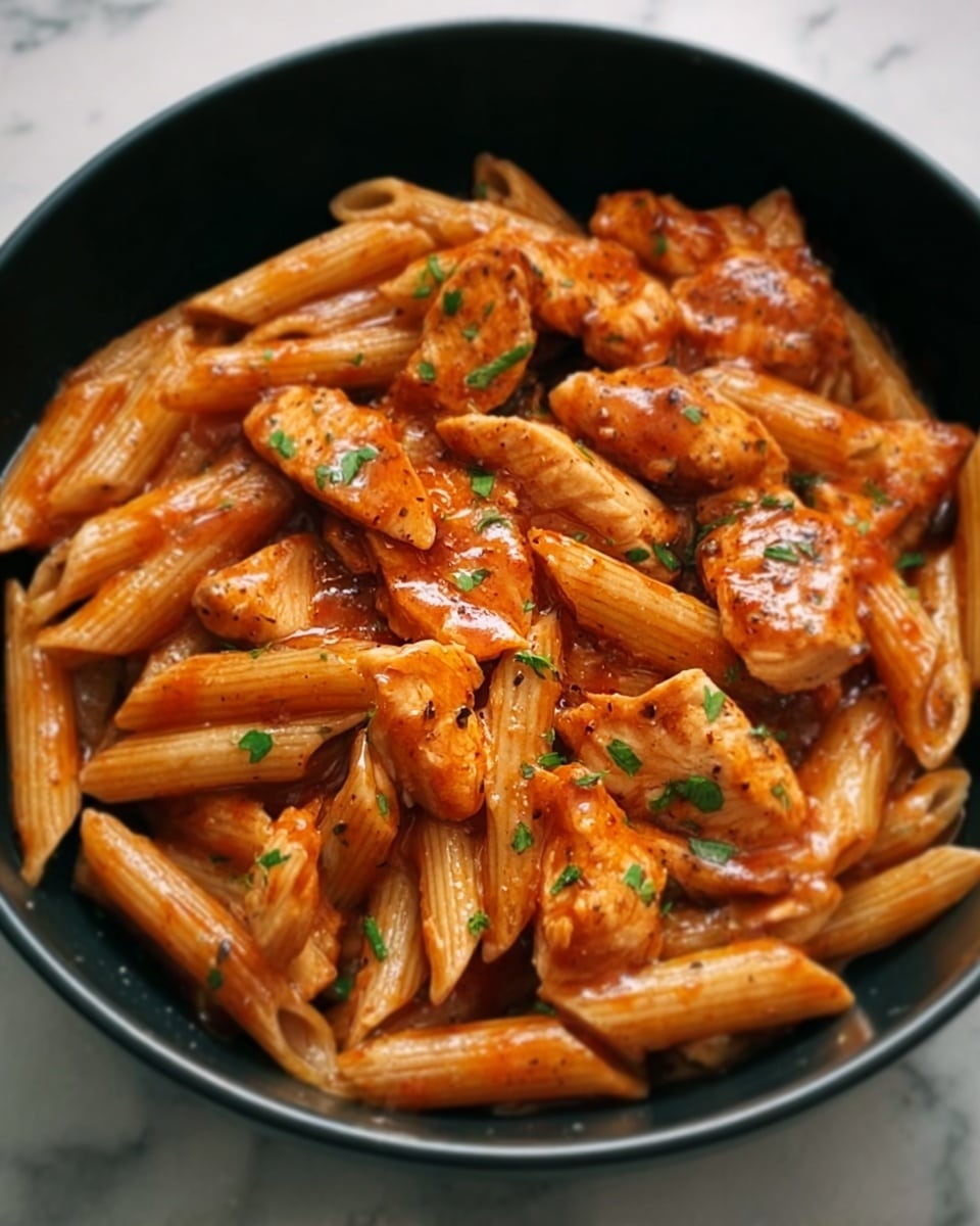 A white bowl filled with penne pasta and pieces of chicken, all coated in a shiny reddish-brown sauce. The penne pasta is light brown with a smooth texture, arranged around the bowl. The chicken pieces are scattered evenly, showing a slightly crispy texture with some darker grilled spots. Small green herb bits are sprinkled on top, adding a touch of color contrast. The bowl is placed on a white marbled surface. Photo taken with an iphone --ar 4:5 --v 7