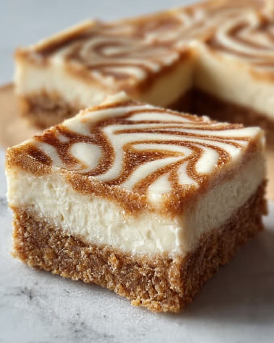 The image shows a close-up view of two square-shaped dessert bars placed one behind the other on a white marbled surface. Each bar has three distinct layers: the bottom layer is a crumbly, light brown crust which looks crunchy and slightly grainy; the middle layer is thick, smooth, and creamy white, contrasting with the crust; the top layer is a thin white icing decorated with swirled cinnamon brown patterns, giving it a textured look. The bars have neat edges and a soft, inviting appearance. Photo taken with an iphone --ar 4:5 --v 7