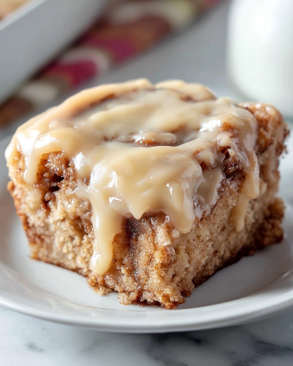 A single thick slice of cinnamon roll is placed on a white plate, showing three visible swirled layers of soft, dense dough mixed with cinnamon brown specks. The top is covered with a thick, smooth layer of light beige icing that drips down the sides in glossy streams, partially covering the textured cinnamon-spiced roll beneath. The plate rests on a white marbled surface. Photo taken with an iphone --ar 4:5 --v 7