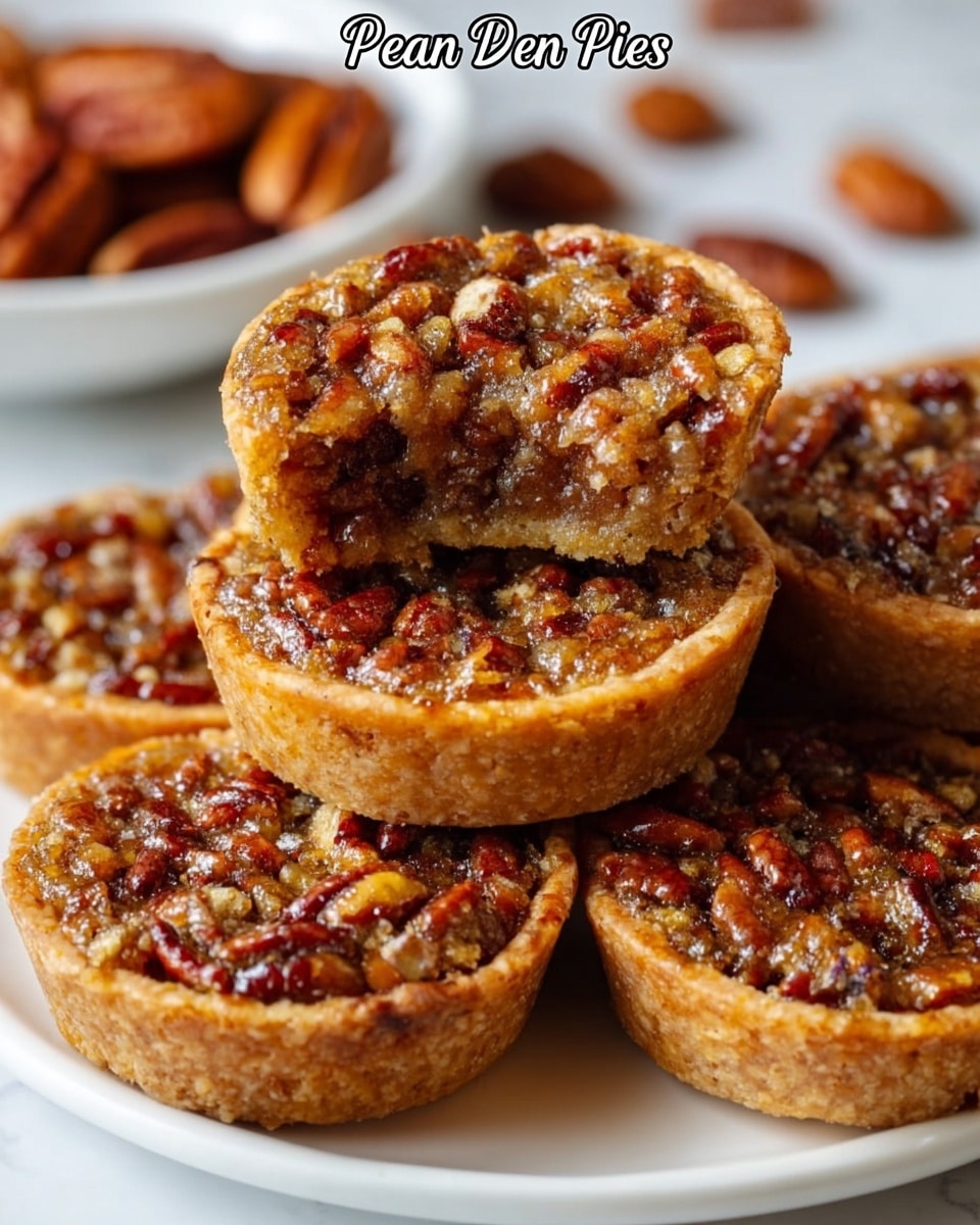 The image shows a stack of mini pecan pies arranged closely together on a white plate that is placed on a white marbled surface. Each pie is round, with a golden-brown crust on the top and bottom, filled with a sticky, glossy layer of caramelized pecans that have a rich brown color with lighter beige nut pieces scattered throughout. One pie on top is slightly tilted, revealing its dense, moist filling with a textured crust inside. In the blurred background, a white plate holds whole pecans, and more mini pies are visible, adding depth to the image. The lighting highlights the shine on the pecan topping, making the pies look freshly baked and inviting. photo taken with an iphone --ar 4:5 --v 7