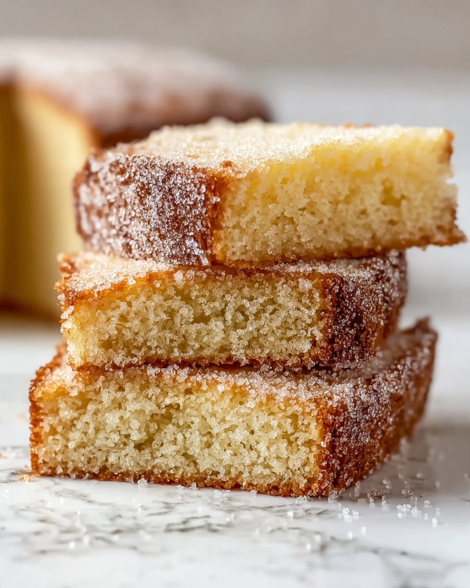 The image shows three slices of sugar-coated cake stacked slightly unevenly on a white marbled surface. Each slice has a golden-brown crust covered in a fine layer of sugar crystals, giving a sparkling texture, while the inside is light yellow and fluffy with a soft crumb texture. The bottom slice rests flat on the surface, the middle slice is placed at a slight angle on top of it, and the top slice is turned more starkly with one edge raised, showing the inside texture clearly. In the background, a blurred whole cake of the same type is visible. Photo taken with an iphone --ar 4:5 --v 7