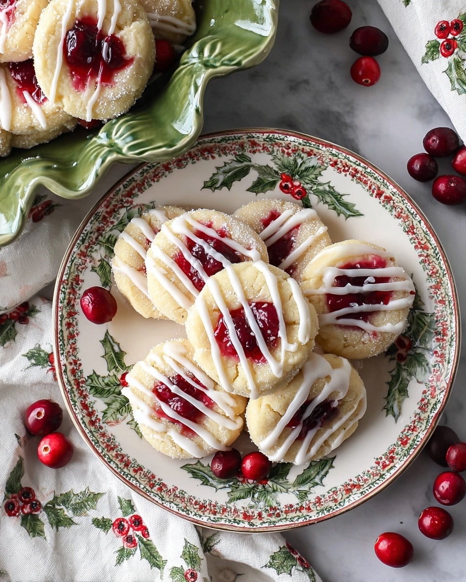 A white plate with holly green leaf and red berry patterns holds a pile of round cookies coated lightly with sugar crystals, each cookie topped with a bright red cranberry in the center and drizzled with thin white icing lines across the surface; a few loose cranberries scatter around the cookies on the plate. To the top left, part of a green ceramic dish shaped like a leaf contains more cookies, and a white cloth with green holly and red berries pattern is partially seen under the plates. The whole setup is on a white marbled surface. Photo taken with an iphone --ar 4:5 --v 7