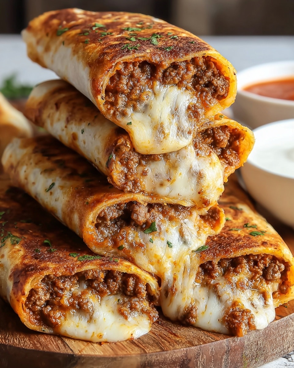 A close-up of a stack of four rolled tortillas filled with browned ground meat and melted white cheese, with the cheese stretching out from the center of the top two rolls. The tortillas are golden brown and crispy on the outside, sprinkled lightly with green herbs. The whole dish is placed on a wooden board with a white marbled texture surface in the background, and a white bowl with red sauce is seen softly blurred behind the stack. photo taken with an iphone --ar 4:5 --v 7