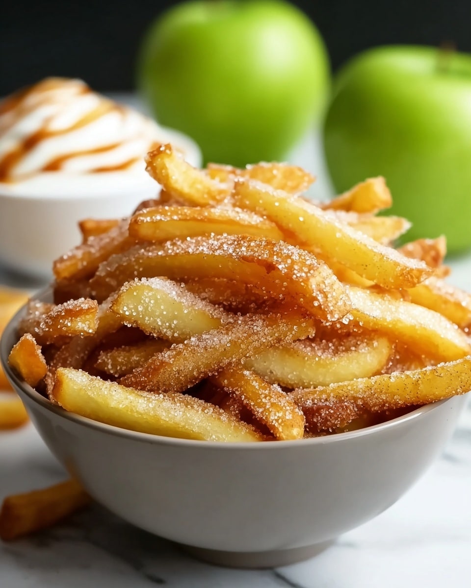 A black bowl filled with a large pile of golden-brown churros coated in a mix of sugar and cinnamon grains. The churros are thick and crispy, stacked unevenly to show their crunchy texture with visible sugar crystals sparkling on their surface. In the blurred background, bright green apples add a fresh contrast along with a small white bowl containing a light brown dipping sauce. The bowl is placed on a piece of rustic light wood, all set against a white marbled surface. photo taken with an iphone --ar 4:5 --v 7