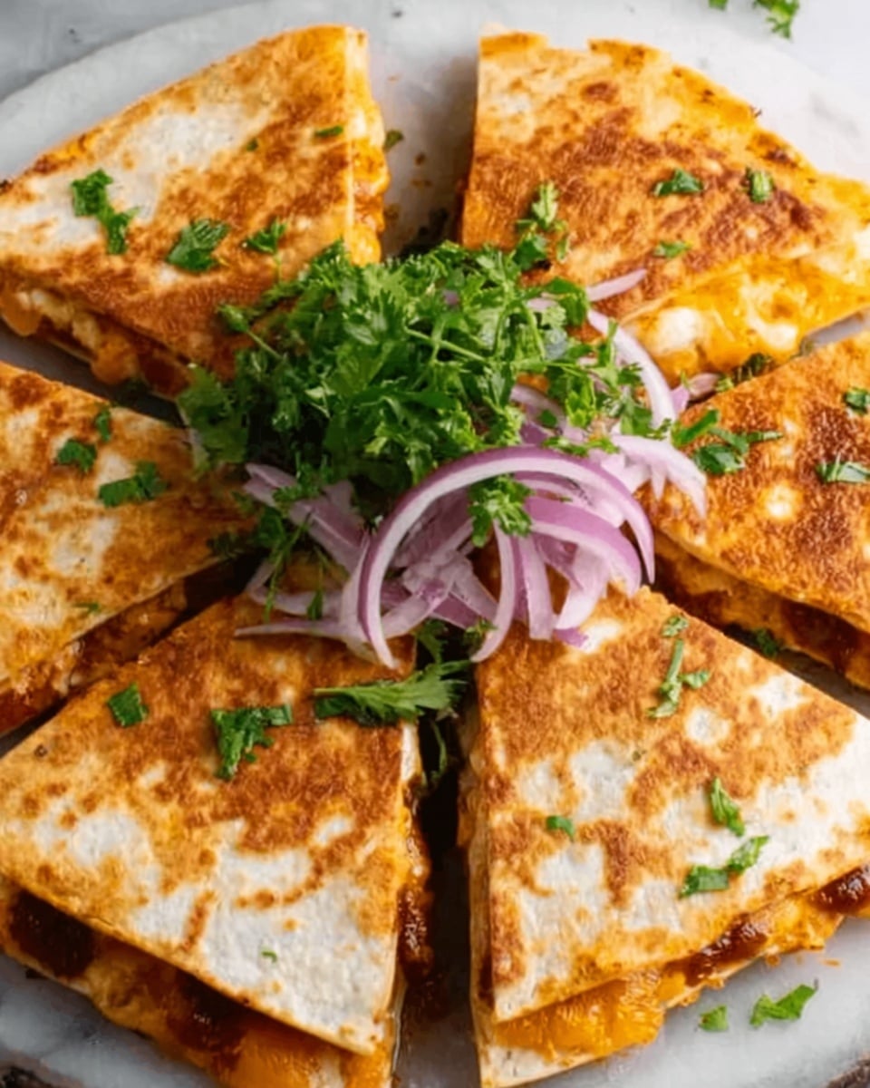 This image shows a round quesadilla cut into eight triangular slices arranged in a circular pattern on a white marbled surface. Each slice has a golden-brown outer layer with a slightly crispy texture and visible grill marks. Inside, there is a gooey, melted cheese layer with a light orange color. On top of the quesadilla slices, there is a small pile of fresh garnish made of green parsley leaves and thin slices of purple onion, adding a pop of color and freshness. Photo taken with an iphone --ar 4:5 --v 7