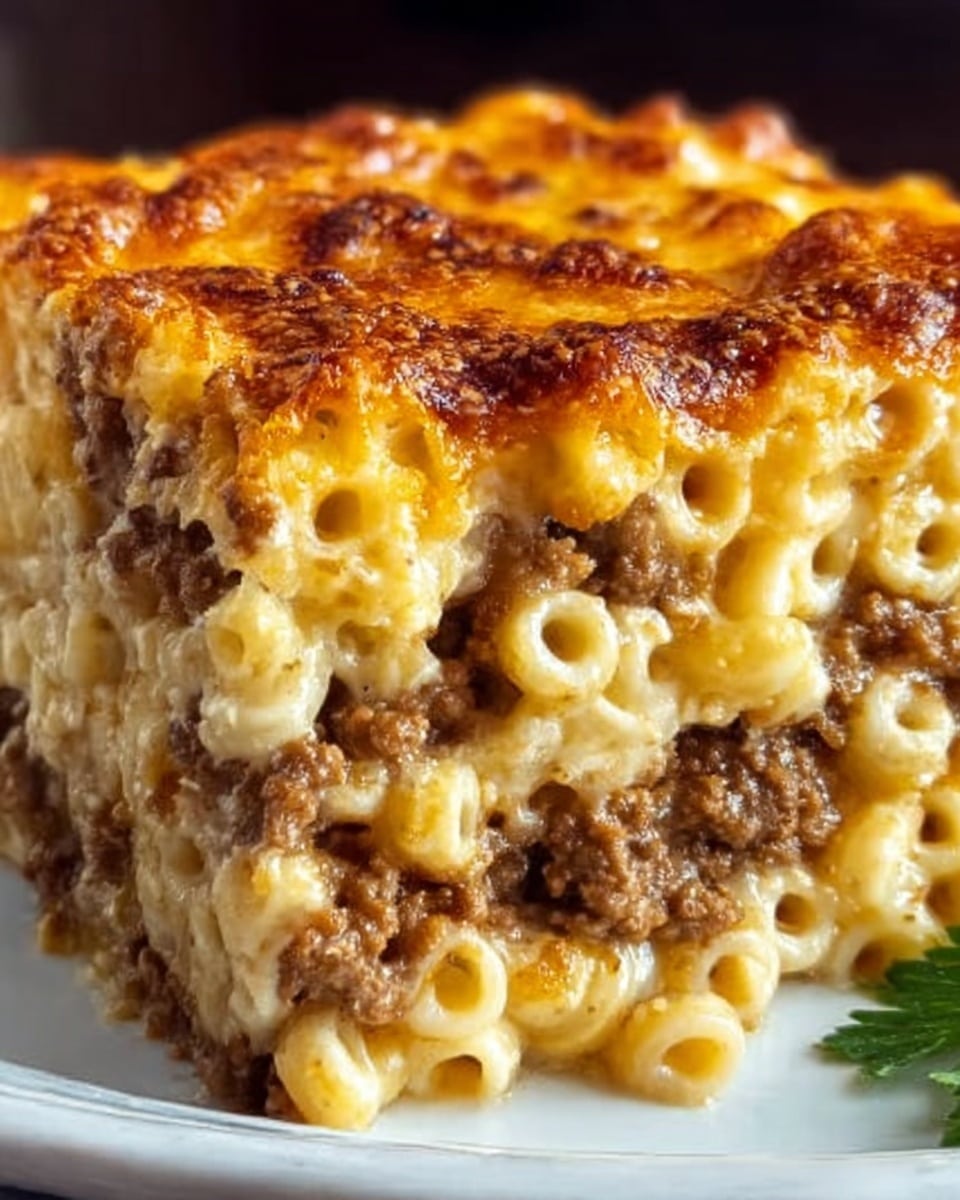 The image shows a close-up of a thick slice of baked macaroni and cheese with ground beef. The bottom layer consists of small tube-shaped macaroni, soft and coated in a light yellow cheesy sauce. Above the macaroni is a thick middle layer of finely crumbled ground beef, brown and meaty with a slightly crumbly texture. The top layer is a golden-brown baked cheese crust, bubbly with darker toasted spots, covering the macaroni and beef underneath. The dish is placed on a white plate with a white marbled textured background. Photo taken with an iphone --ar 4:5 --v 7