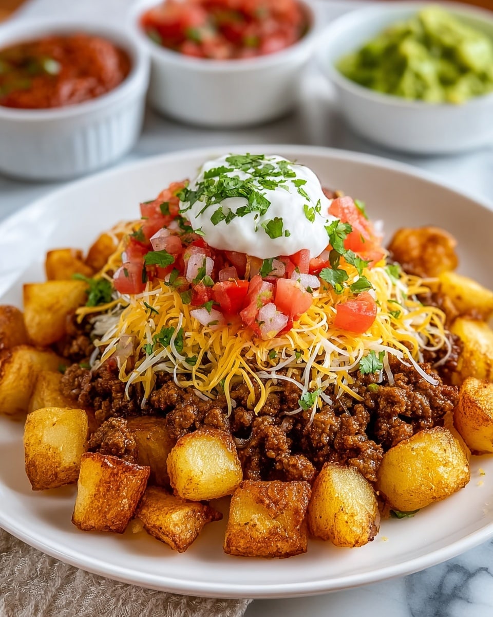 This dish is served on a white plate placed on a white marbled texture. The base layer consists of golden brown roasted potato chunks, crispy on the edges. On top of the potatoes is a layer of cooked ground beef, rich and dark brown. The beef is covered with a mix of shredded yellow cheddar and white cheese. Above the cheese is a small mound of diced fresh red tomatoes mixed with white onions and green herbs. At the very top sits a dollop of white sour cream, garnished with finely chopped green cilantro, adding a fresh green contrast. In the background, small white bowls contain red salsa and green guacamole, complementing the main dish. photo taken with an iphone --ar 4:5 --v 7