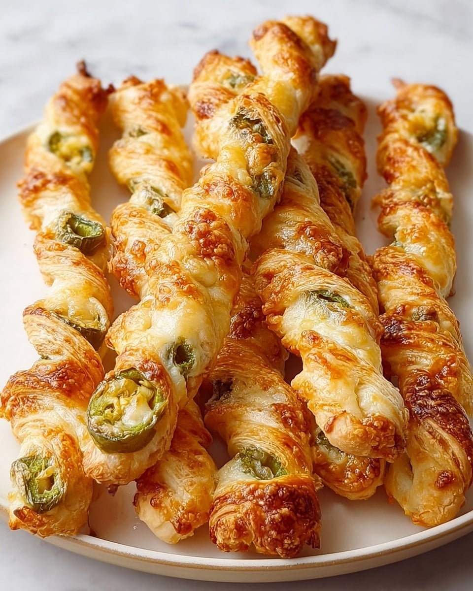 The image shows several golden brown twisted pastry sticks arranged closely on a white plate. Each stick has visible layers of flaky, crispy dough spiraled around slices of green jalapeño peppers, with melted and slightly browned cheese baked into and over the pastry. The texture looks crunchy with some parts puffed up and browned, while the green jalapeño slices add a fresh pop of color along the length of each stick. The plate sits on a white marbled surface. photo taken with an iphone --ar 4:5 --v 7