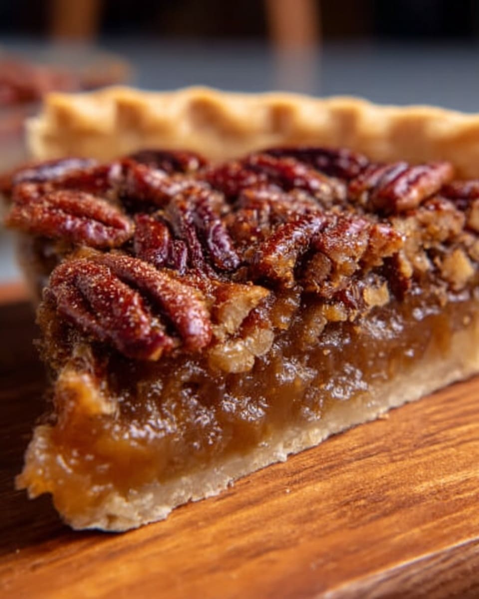 A close-up view of a slice of pecan pie showing three clear layers: a light golden flaky crust at the bottom, a thick, gooey caramel-colored filling in the middle, and a dense layer of shiny toasted pecan halves on top, richly caramelized and slightly glossy. The slice rests on a wooden surface with soft lighting highlighting the textures and depth of the pie. Photo taken with an iphone --ar 4:5 --v 7