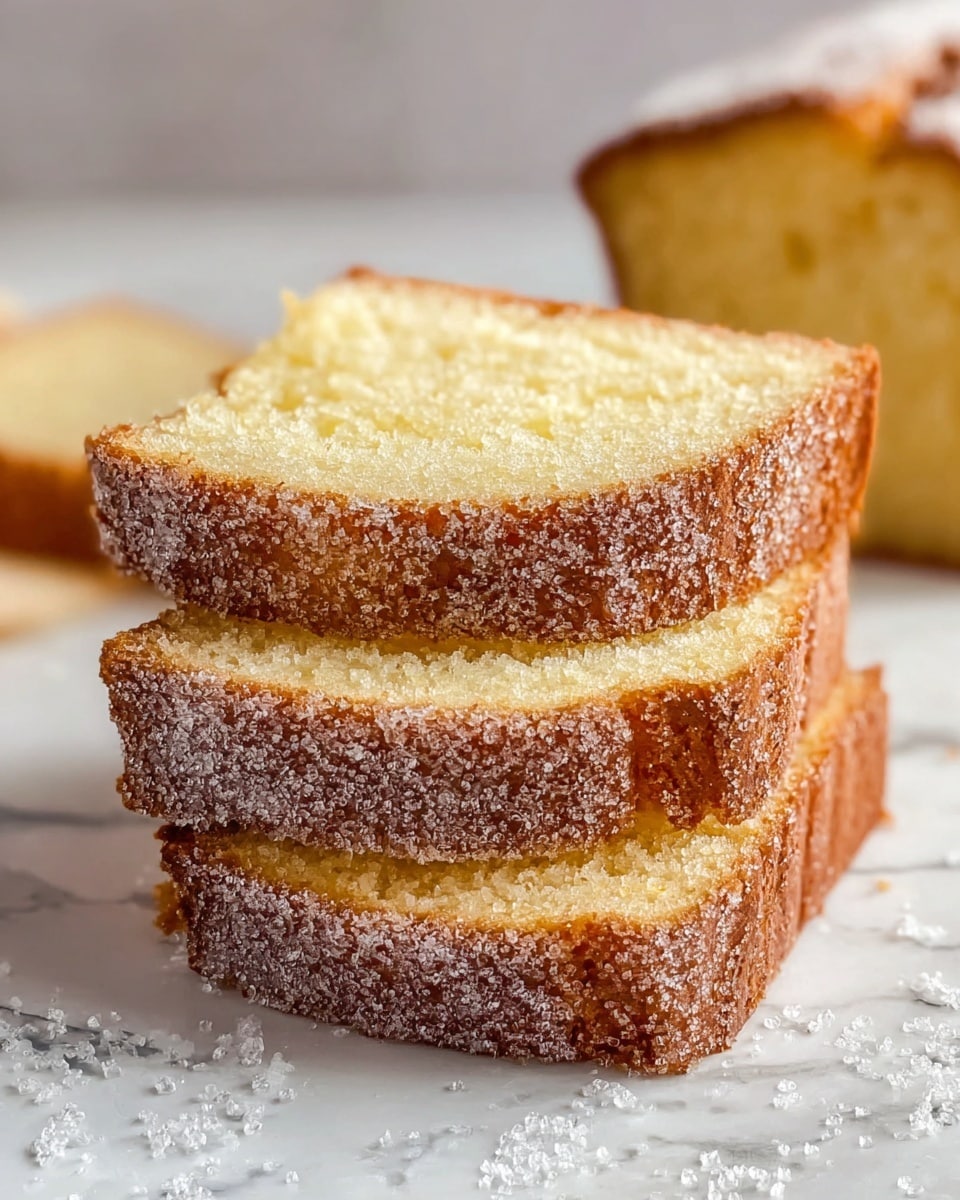 The image shows three thick slices of yellow pound cake stacked on top of each other, lying flat on a white marbled surface. Each slice has a golden-brown crust covered in a light layer of crystal sugar, giving it a slightly grainy texture on the outside. The inside of the cake is moist and soft with a pale yellow color and a fine crumb texture. In the blurred background, a whole loaf of the same cake is visible. Some sugar crystals are scattered on the surface around the slices. Photo taken with an iphone --ar 4:5 --v 7