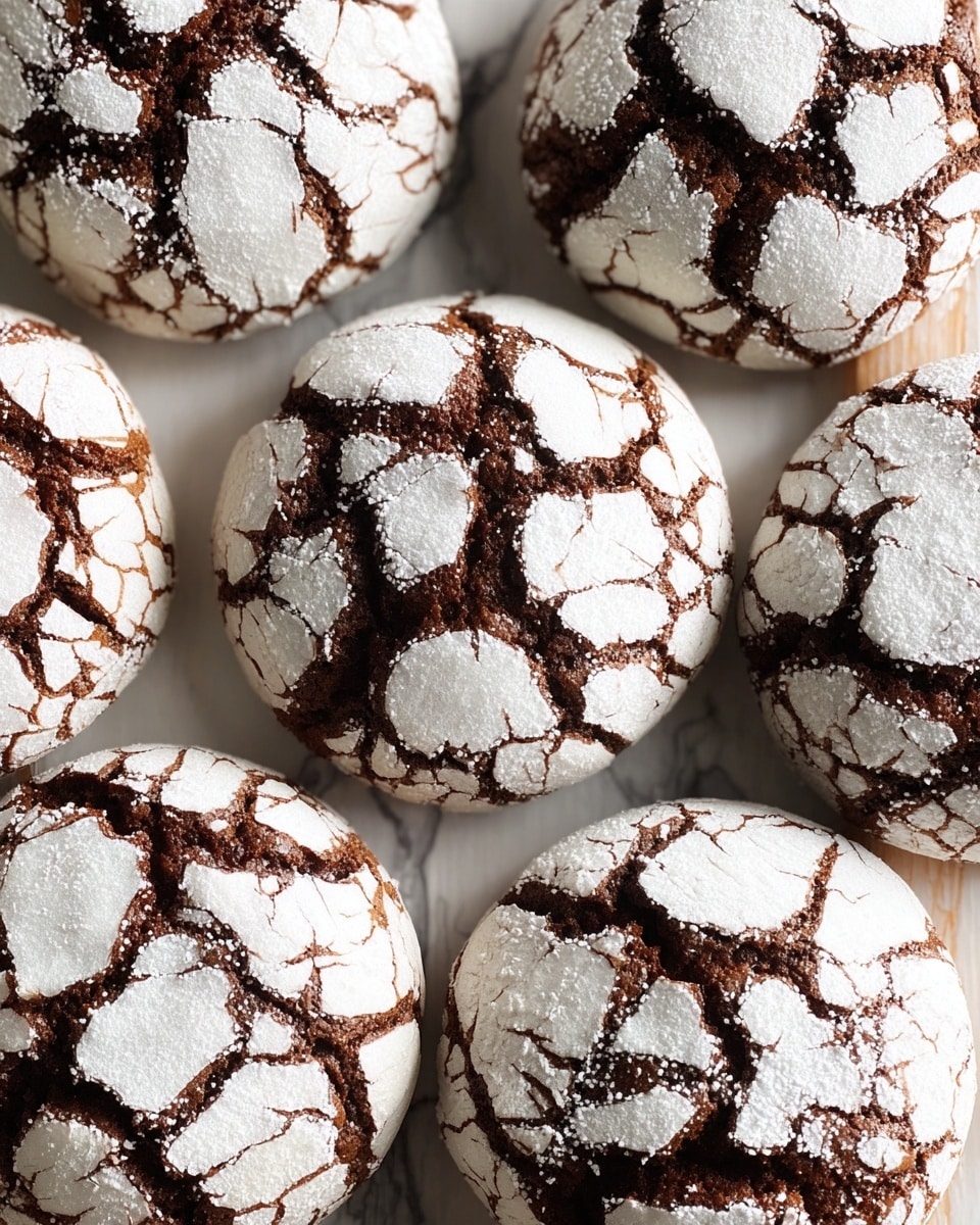 Seven round chocolate cookies each covered with cracked white powdered sugar on top, showing dark brown dough through the cracks, arranged close together and viewed from above on a white marbled texture. photo taken with an iphone --ar 4:5 --v 7