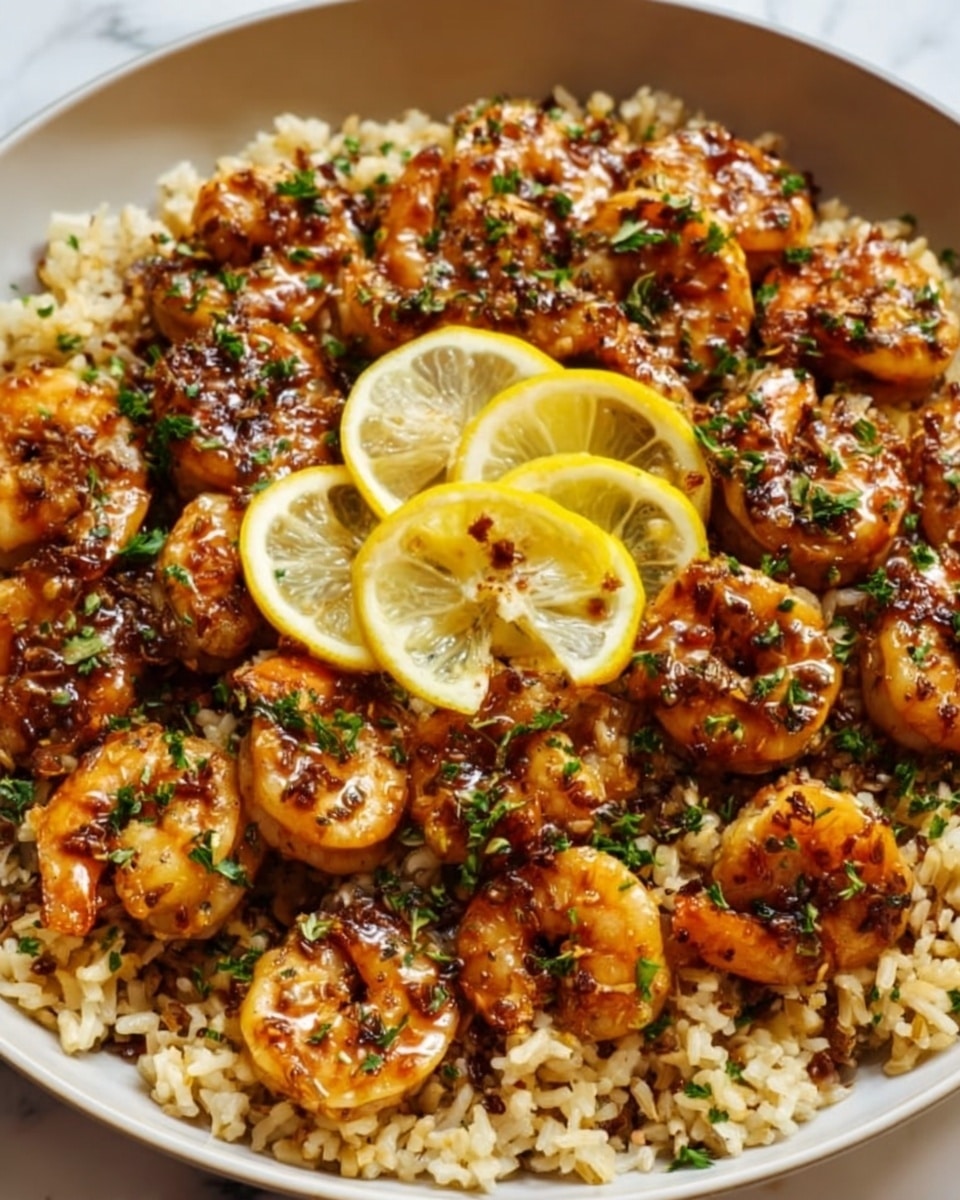 A white plate filled with a bed of brown rice spreads evenly across the base, topped with multiple pieces of golden-brown grilled shrimp arranged closely together. The shrimp are glazed with a shiny sauce and sprinkled with small green herb leaves, adding a fresh touch. In the center of the dish, three thin lemon slices are stacked neatly, providing a bright yellow contrast to the shrimp and rice. The whole scene rests on a white marbled surface, giving it a clean and elegant look. Photo taken with an iphone --ar 4:5 --v 7
