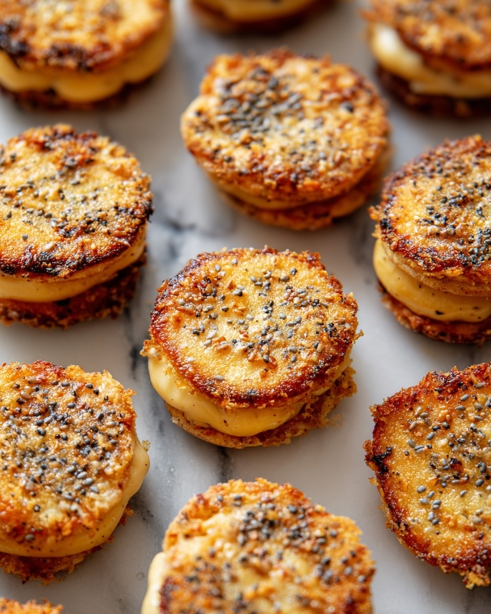 The image shows round sandwich-like snacks arranged closely on a white marbled surface. Each snack has three visible layers: the bottom and top layers are golden brown, crispy, with a slightly rough texture and sprinkled with tiny black seeds, giving a crunchy look. The middle layer is pale yellow, smooth, and creamy, slightly oozing out between the crispy layers. The snacks have a warm, toasted color with some darker browned spots on the edges. photo taken with an iphone --ar 4:5 --v 7