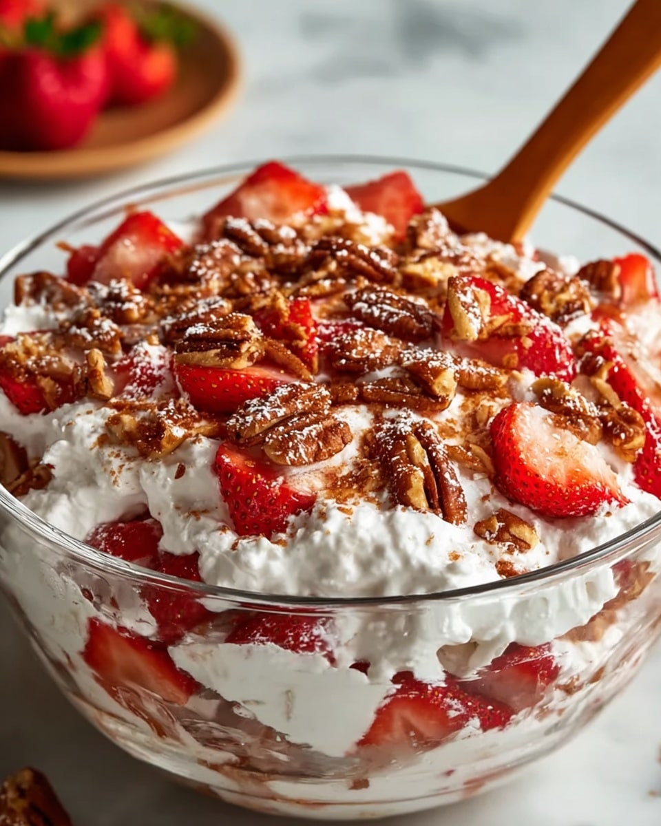 A clear glass bowl filled with a layered dessert on a white marbled surface. The bottom layer includes white whipped cream, topped with bright red sliced strawberries evenly spread across. Another layer of fluffy white whipped cream is visible, with a generous topping of golden-brown pecan pieces scattered over the strawberries and cream. A wooden spoon is partially seen resting in the bowl. Photo taken with an iphone --ar 4:5 --v 7