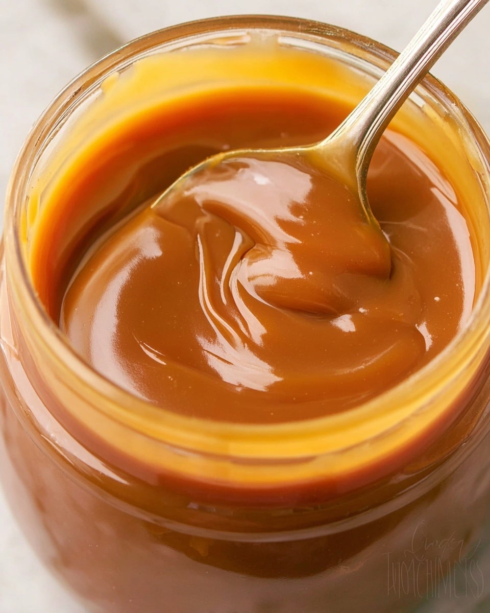A close-up image of a jar filled with smooth caramel sauce showing one thick layer of rich, glossy, golden-brown liquid with a silky texture. A metal spoon inside the jar swirls the caramel, reflecting light on its shiny surface. The jar is clear glass, placed on a white marbled background. photo taken with an iphone --ar 4:5 --v 7
