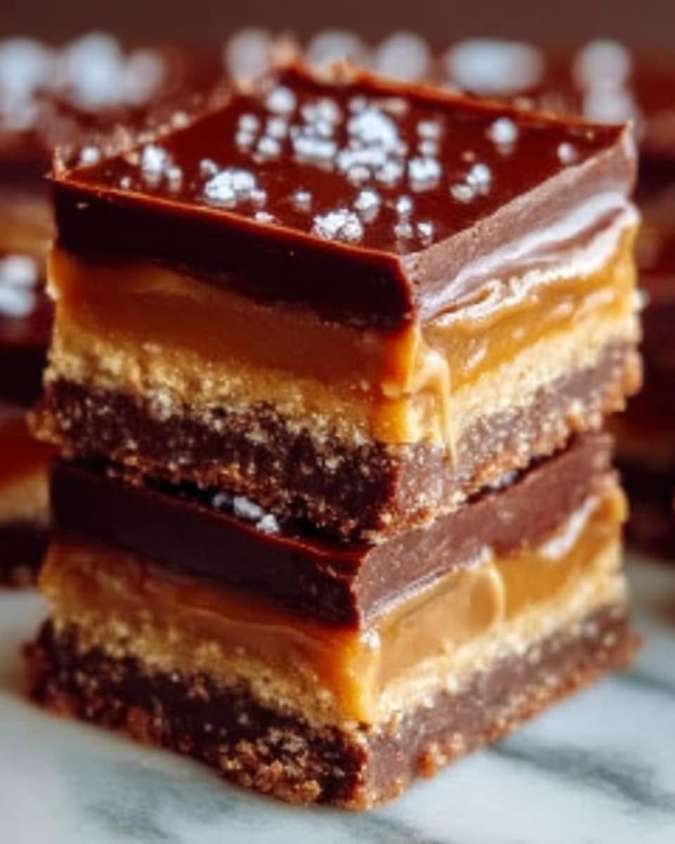 The image shows a close-up of two stacked dessert bars on a white marbled surface. Each bar has four visible layers: the bottom layer is a thick, dark brown crumbly crust; above it is a lighter, golden caramel layer with a smooth, glossy texture; the third layer is a dense, rich chocolate layer with a shiny finish; and the top layer is a thin, glossy chocolate glaze sprinkled with small white coarse salt crystals. The bars appear thick, with clean edges, showing clear separation between the layers. Photo taken with an iphone --ar 4:5 --v 7