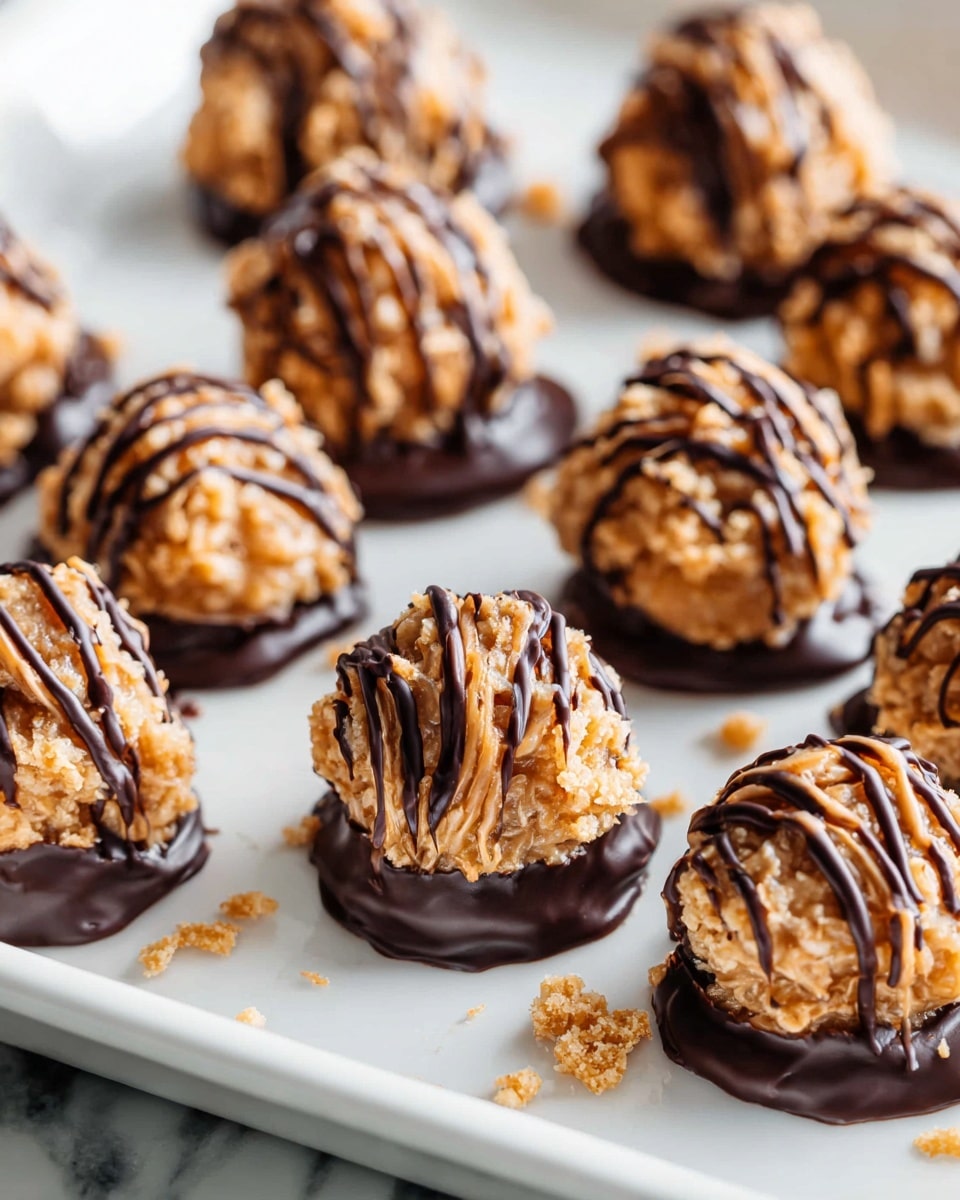 The image shows small, round dessert balls shaped in uneven layers that look crunchy and creamy with a light brown color. Each ball sits on a thick dark chocolate base that spreads irregularly on the white tray below. On top, glossy dark chocolate is drizzled in thin lines forming a striped pattern, adding contrast and texture. The tray is filled with several of these treats, arranged closely together on a white marbled surface. Some scattered crumbs give a sense of the dessert’s crumbly texture. photo taken with an iphone --ar 4:5 --v 7