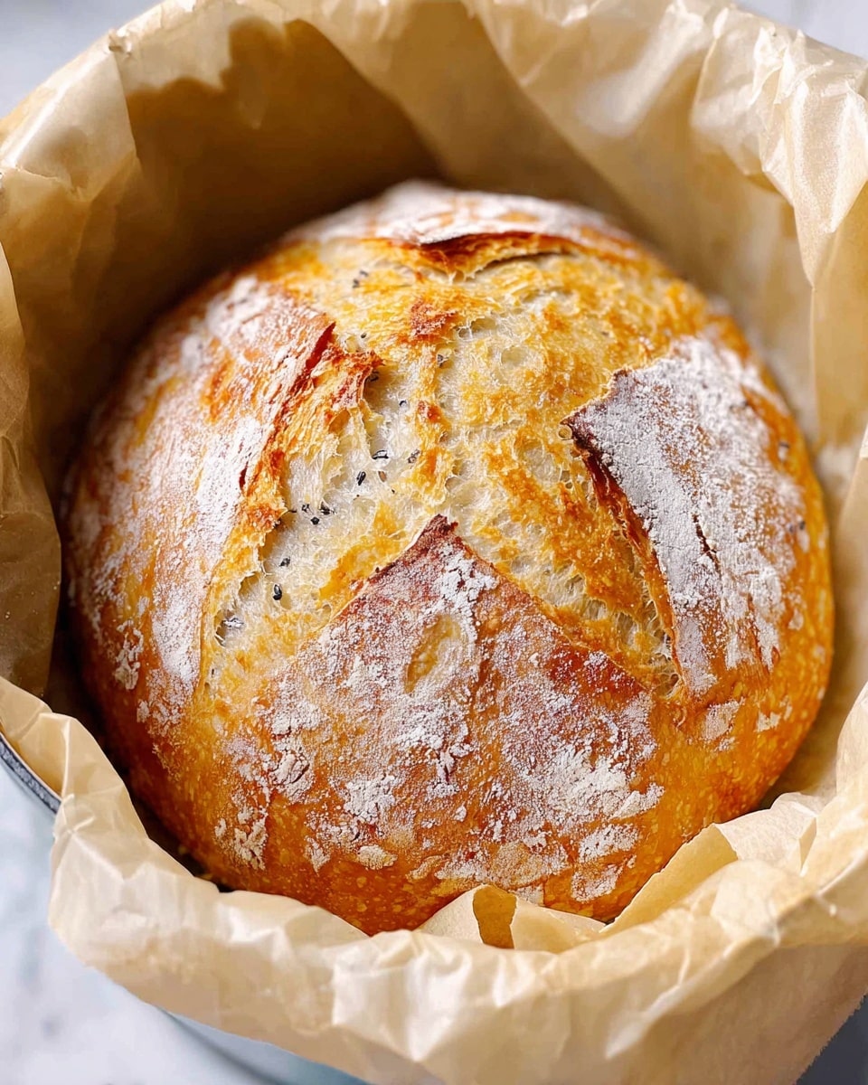 A round loaf of rustic bread with a golden-brown, crispy crust sits nestled in soft white parchment paper inside a pot. The bread shows four deep cuts on top spreading out from the center, revealing a light, airy texture with small holes inside. The crust has a mix of smooth, shiny golden patches and rough crusty parts dusted lightly with white flour, giving a fresh-baked look. The pot and the soft crumpled parchment paper create a cozy and warm setting on a white marbled texture. photo taken with an iphone --ar 4:5 --v 7
